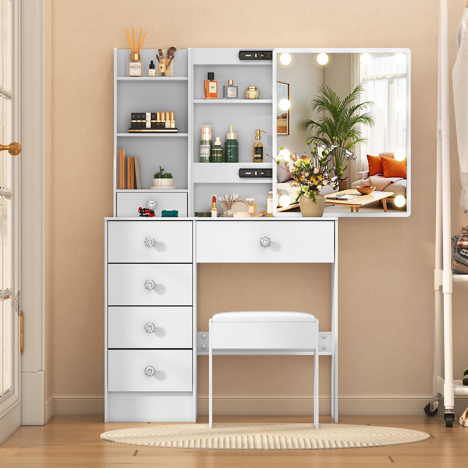 Caulitar Vanity Mirror with Lights Desk and Chair, 6 Drawers & 6 Storage Shelves Makeup Vanity Set with Stool, 3 Modes Adjustable Sliding Led Mirror, White Vanity for Bedroom,51.6''H