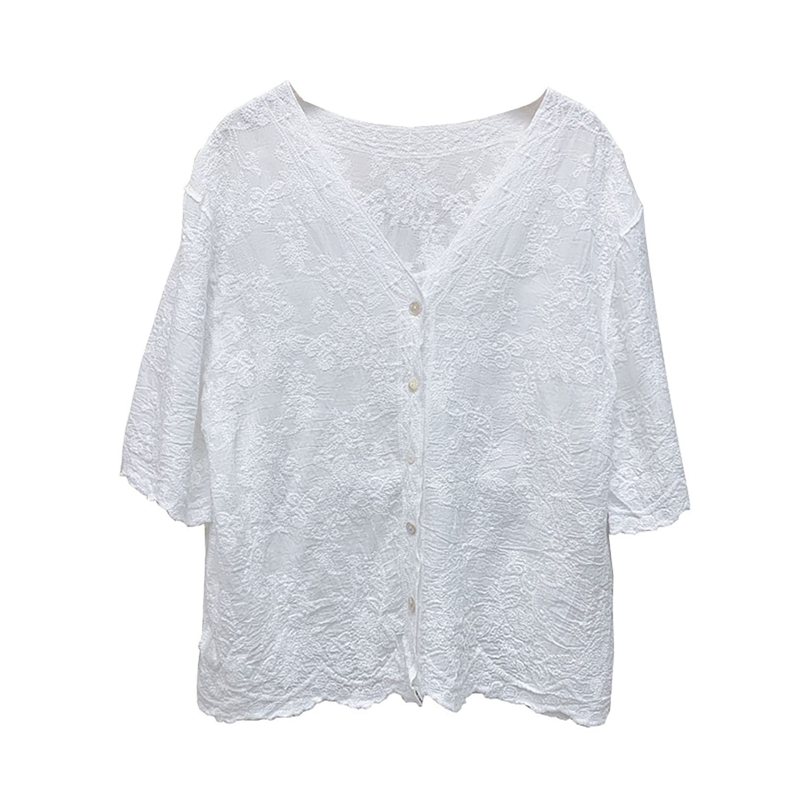 Women's Long Sleeve Tops Embroidery Outer Cape V Neck Embroidery Japanese Sen Women's Gentle Style Cardigan Medium Sleeve White Shirt Plus Size Swing Cardigan (White, One Size)