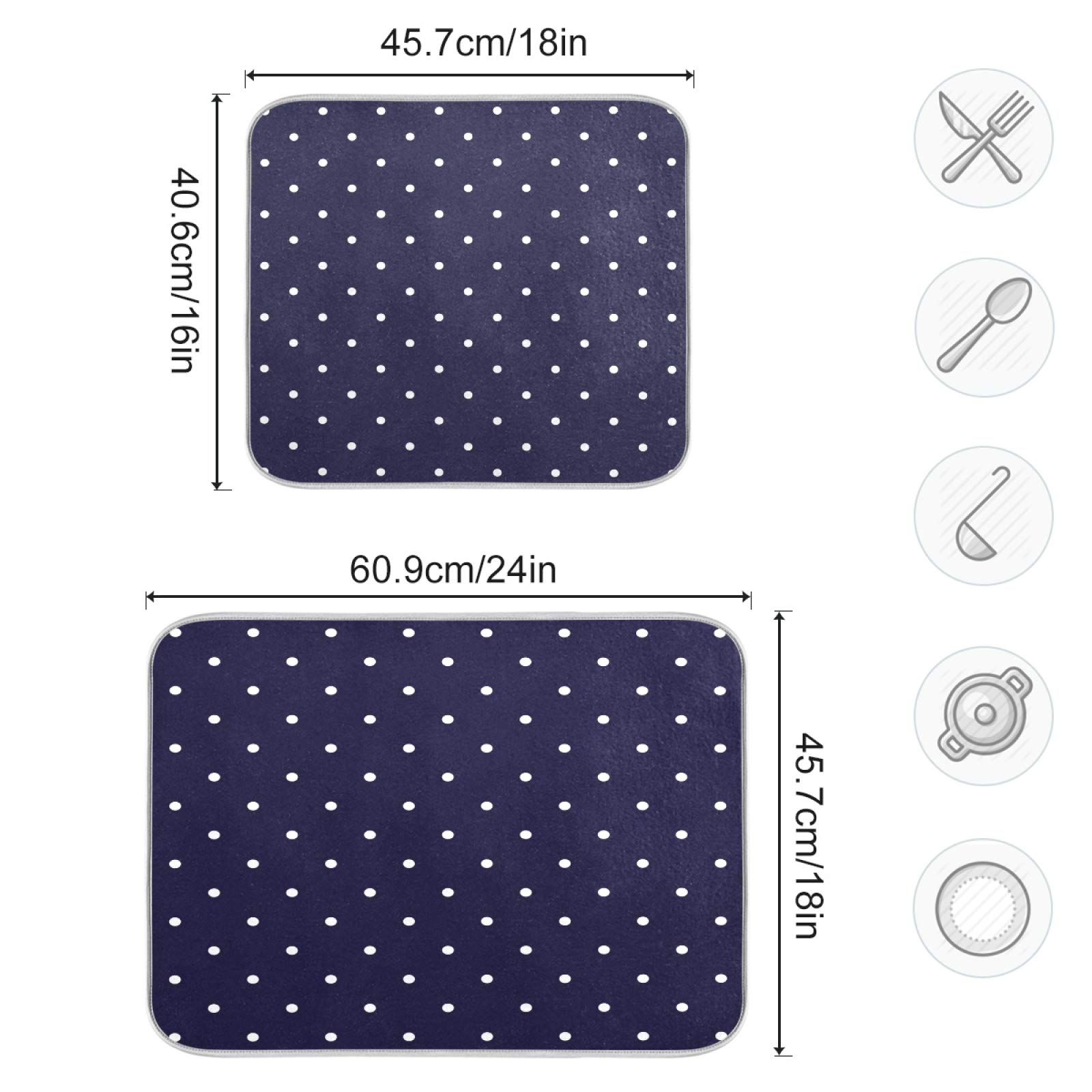 ALAZA Dish Drying Mat, Navy Blue and White Polka Dots Super Absorbent Reversible Rack Pads Kitchen Counter Mat 18 x 24 inch