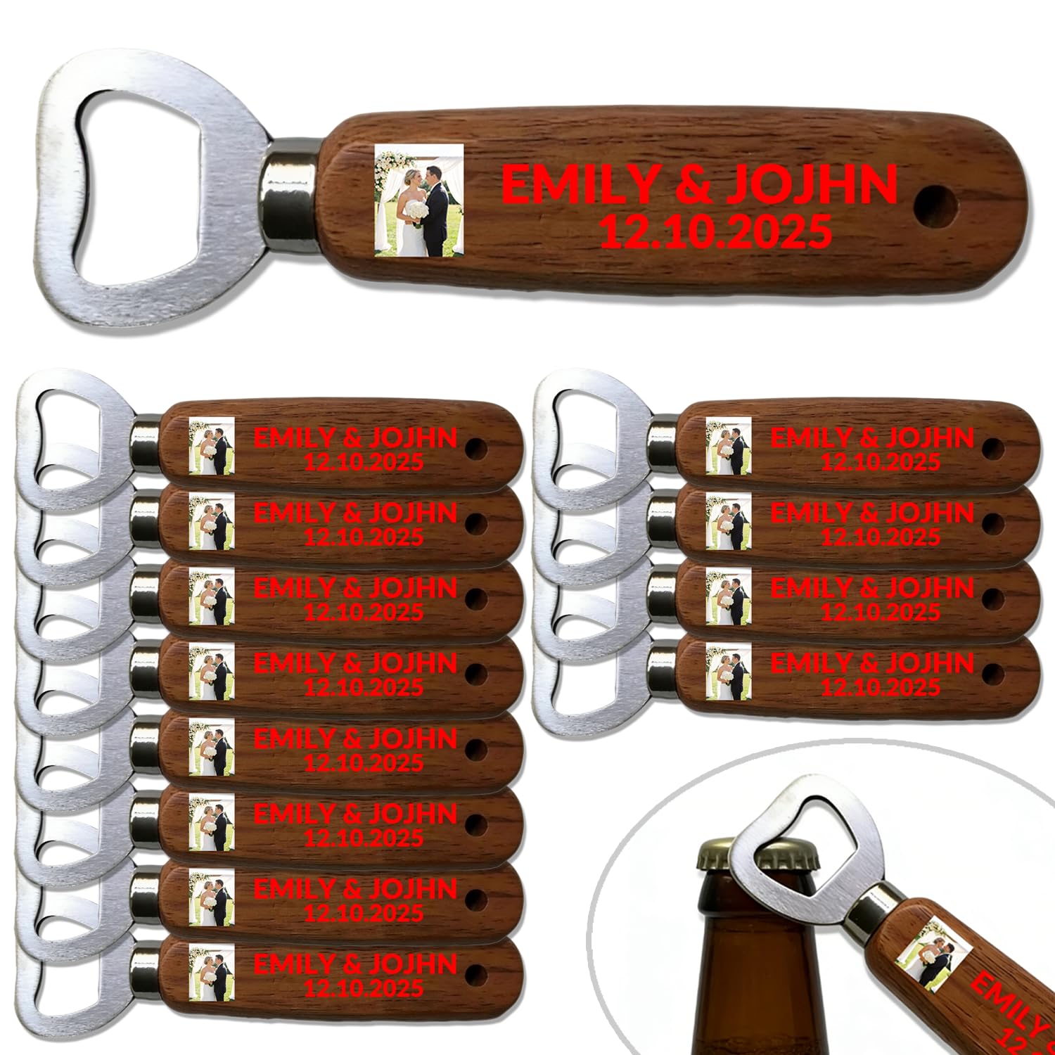 100 abrebotellas de nogal personalizado con fotos, abrebotellas de cerveza personalizado, grabado con láser/impresión a color, cualquier logotipo de texto para bar, familia, recuerdos de boda