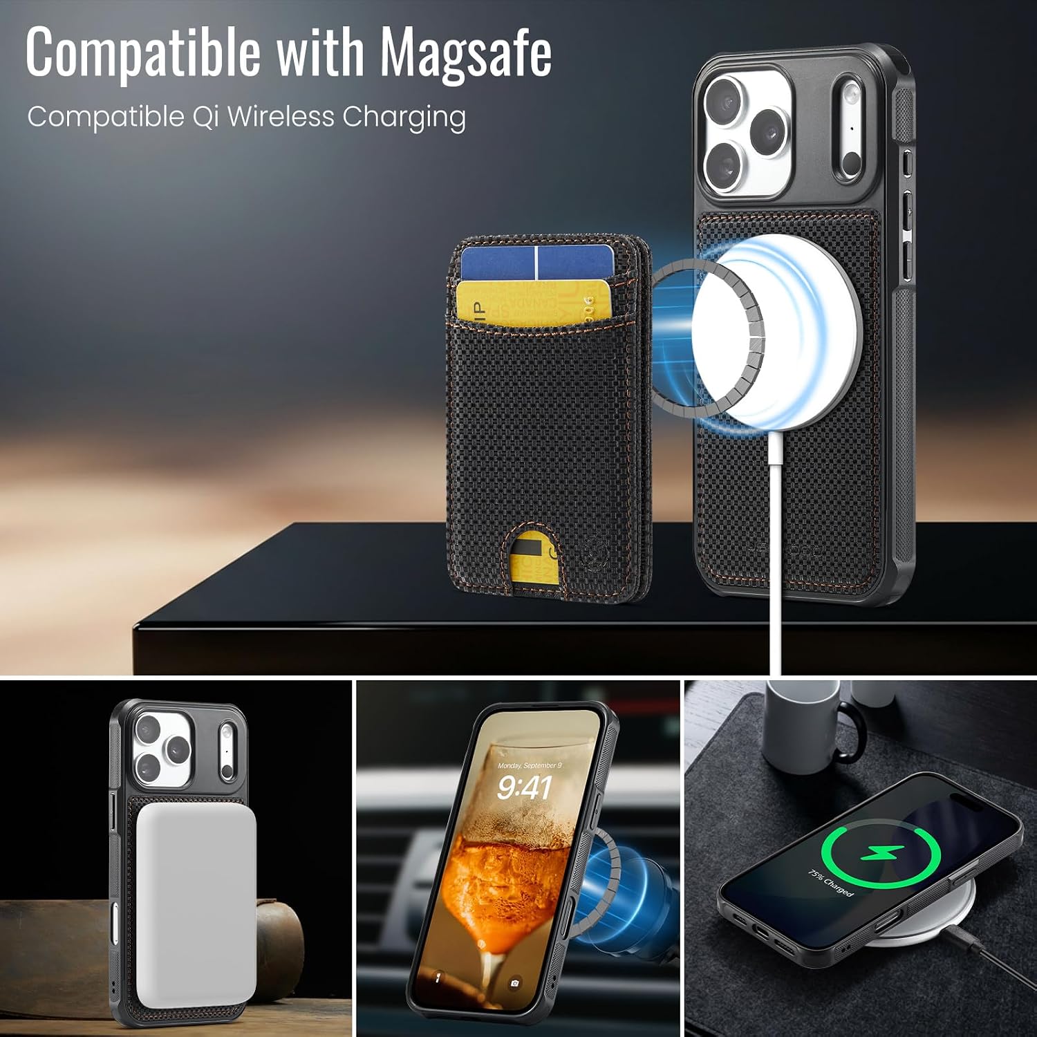 WJX for iPhone 17 Pro MagSafe Wallet Case, 2-in-1 Detachable Luxury Card Holder, Universal MagSafe Compatible, RFID Blocking, Shockproof Kickstand Slim Cover， Carbon Fiber​