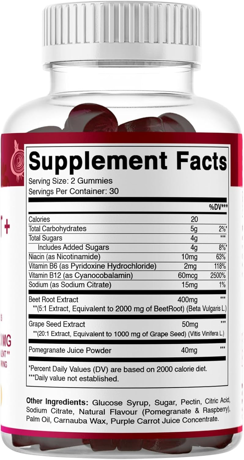 Vitamatic Beet Root Gummies - 3000mg Equivalent Per Serving - 60 Gummies - Made with Vitamin B6, B12, Grape Seed, Pomegranate & Nicotinamide (Pack of 2) - Image 8