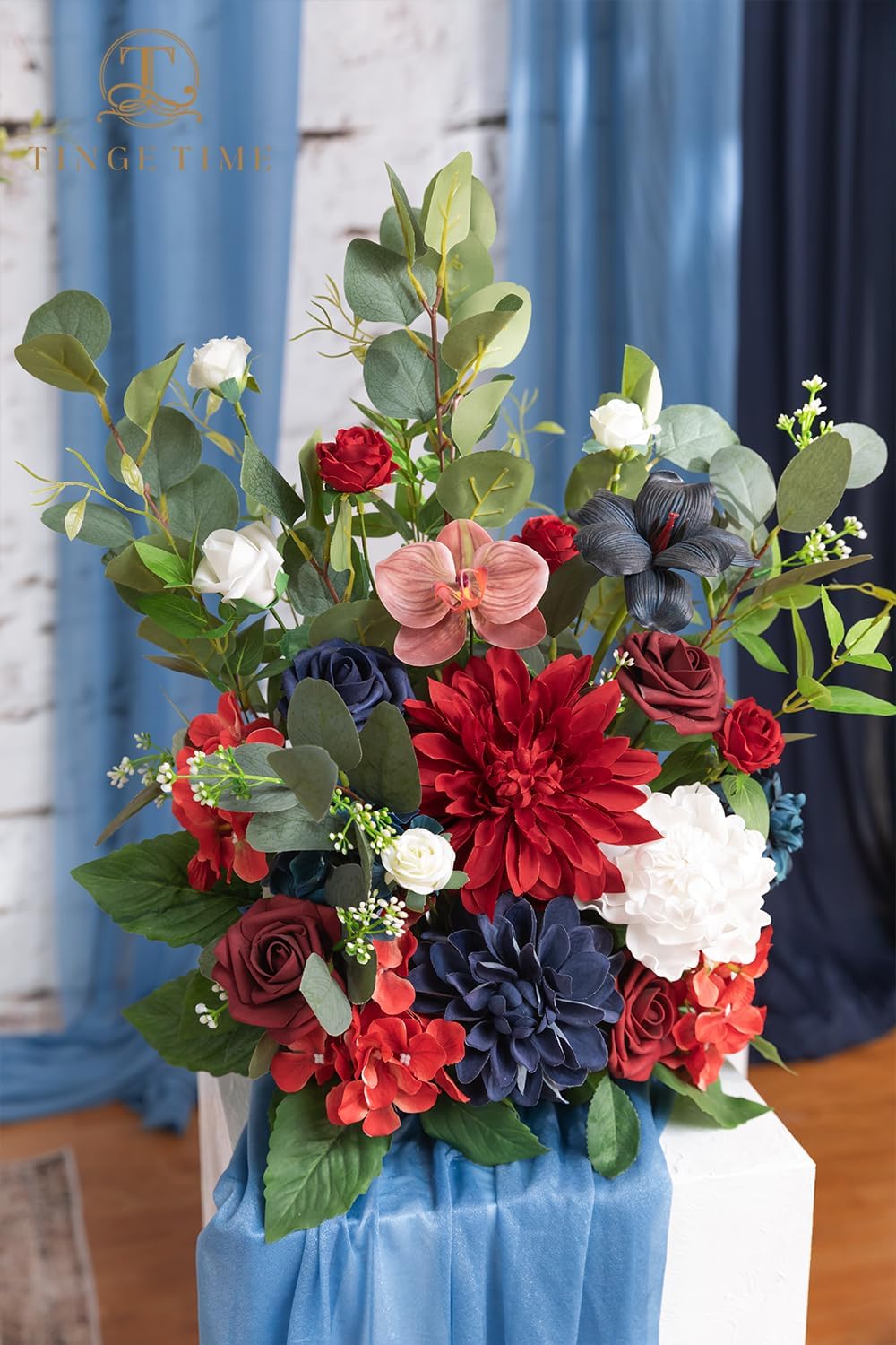 TINGE TIME Free-Standing Artificial Flower, Set of 2, Table Centerpiece with Rubber Pad, Silk Fake Flower for Wedding Centerpiece Archway Aisle Welcome Entrance (Red&NavyBlue)