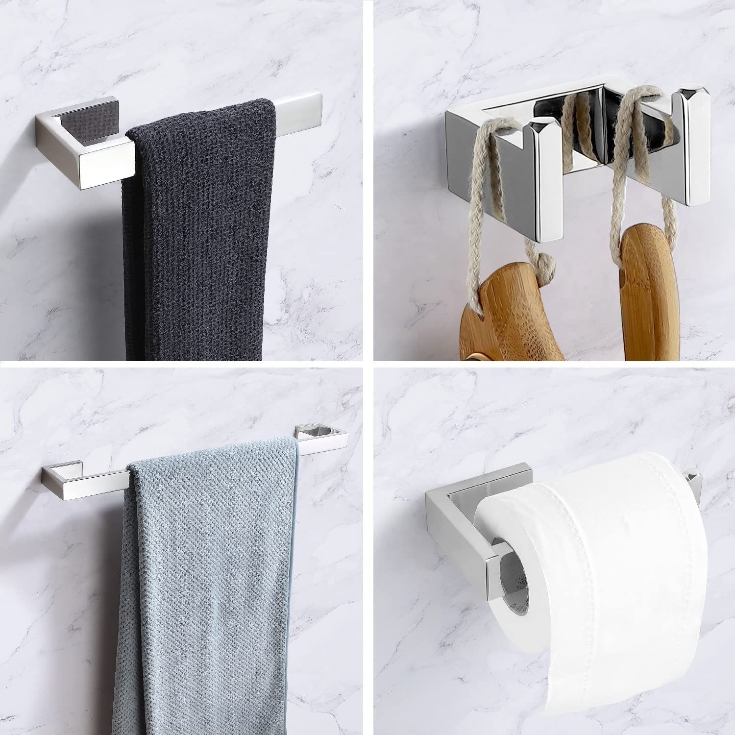 Interbath 4-Piece Bath Hardware Set with Towel Bar, Robe Hook, Toilet Paper Holder and Hand Towel Holder Chrome Chrome Finish