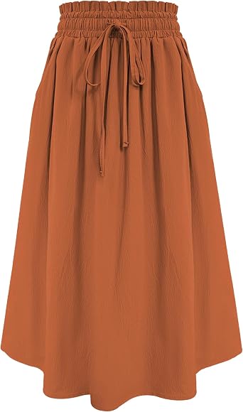 Girls Maxi Skirt Flowy A-Line Skirt Casual Ruffle Hem Skirt High Waist Elastic Skirt with Drawstring and Pockets