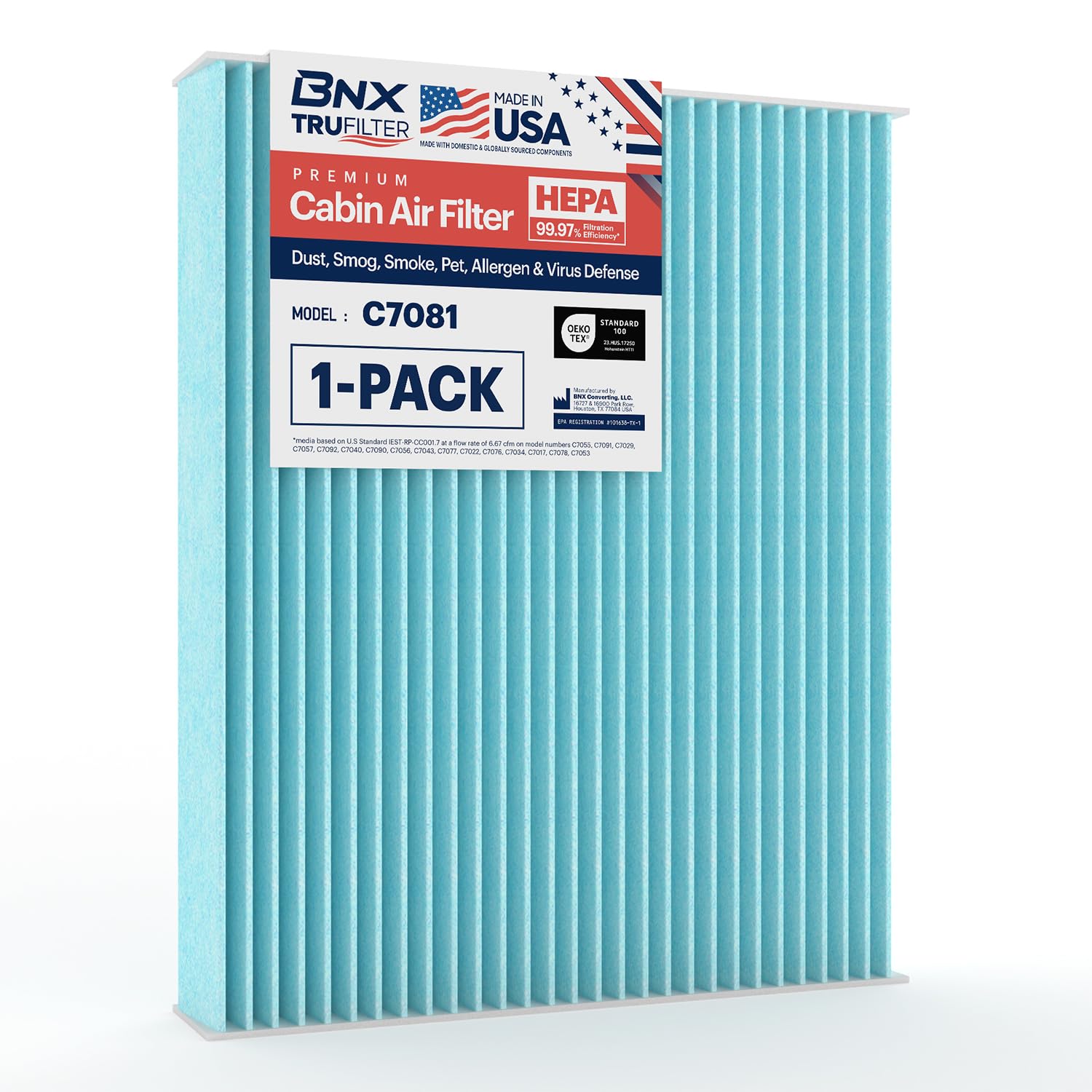 BNX TruFilter C7081 Cabin Air Filter, HEPA 99.97%, MADE IN USA, Compatible With Ford F-150, F-250 Super Duty, F-350, F-450, F-550, Expedition; Lincoln Navigator