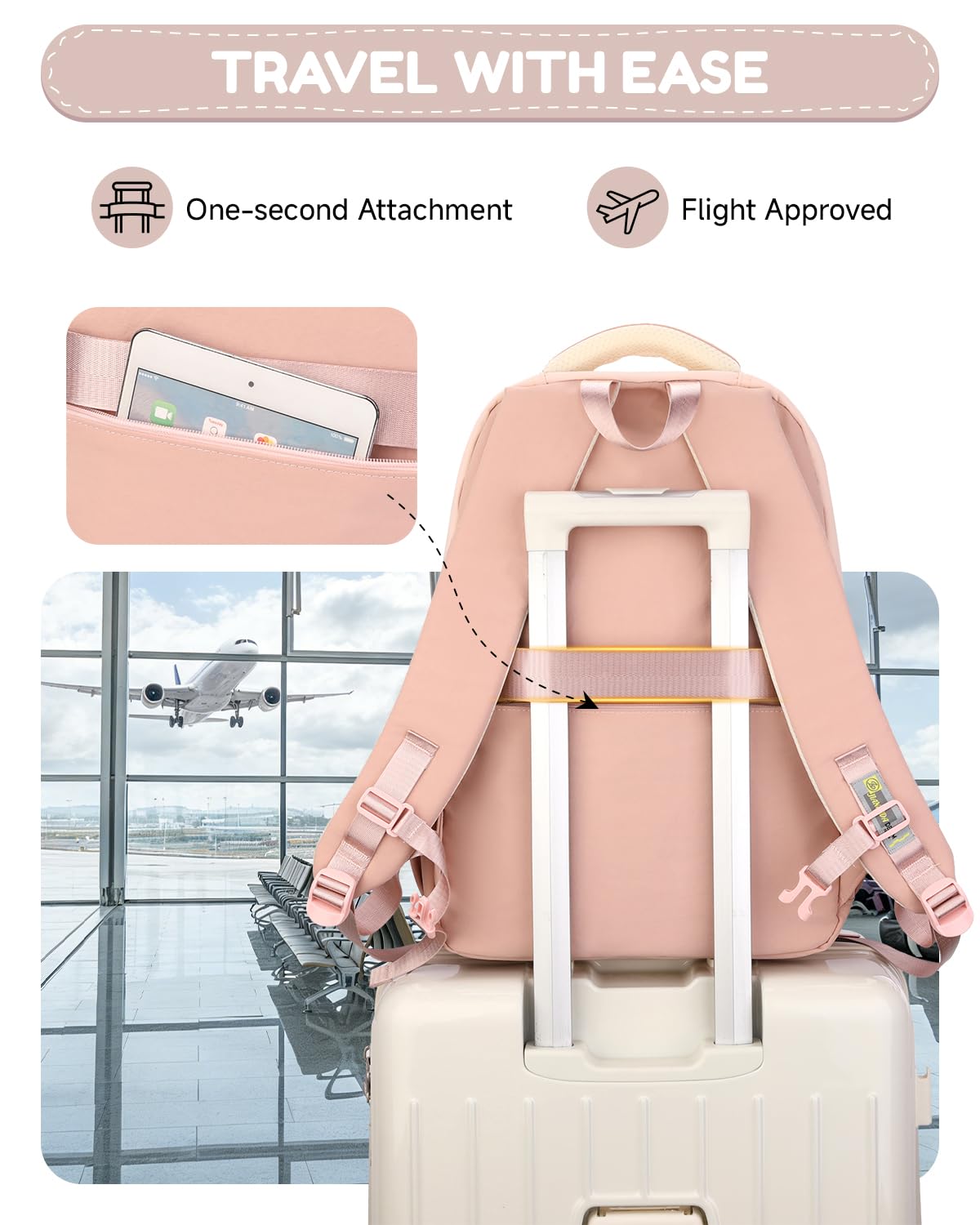 Sac à Dos Fille Adolescent - Cartable Scolaire Imperméable avec Porte-clés étoile - Sac a Dos pour École Primaire College Lycée à la Mode pour PC 15.6", Rose