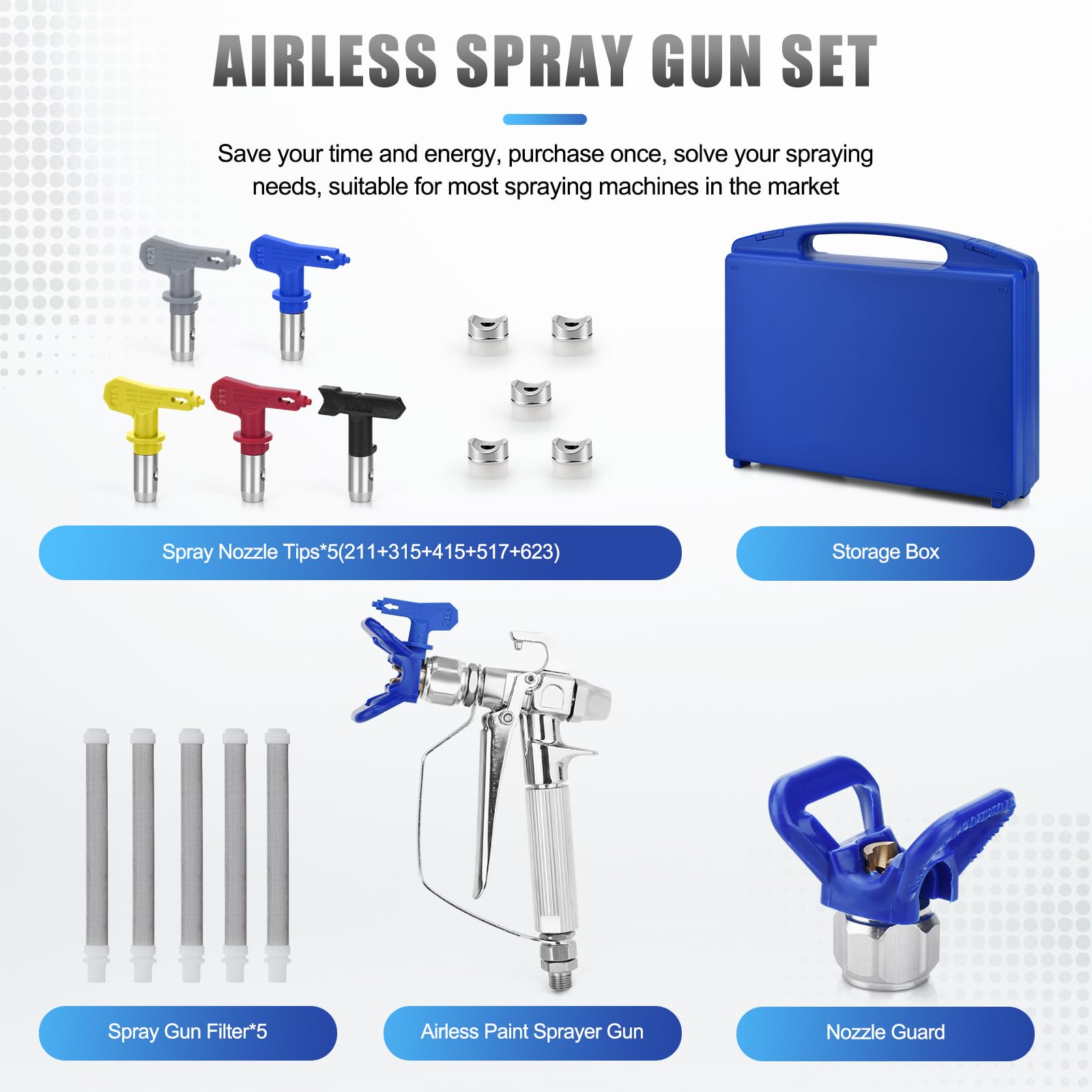 Kit de Pistolet a Peinture Airless de 13 Pièces,avec 5 Buse de Pulvérisation Airless(211,315,415,517,623), Buse Siège, 60 Mesh Éléments de Filtre de 5 Pièces et la Boîte