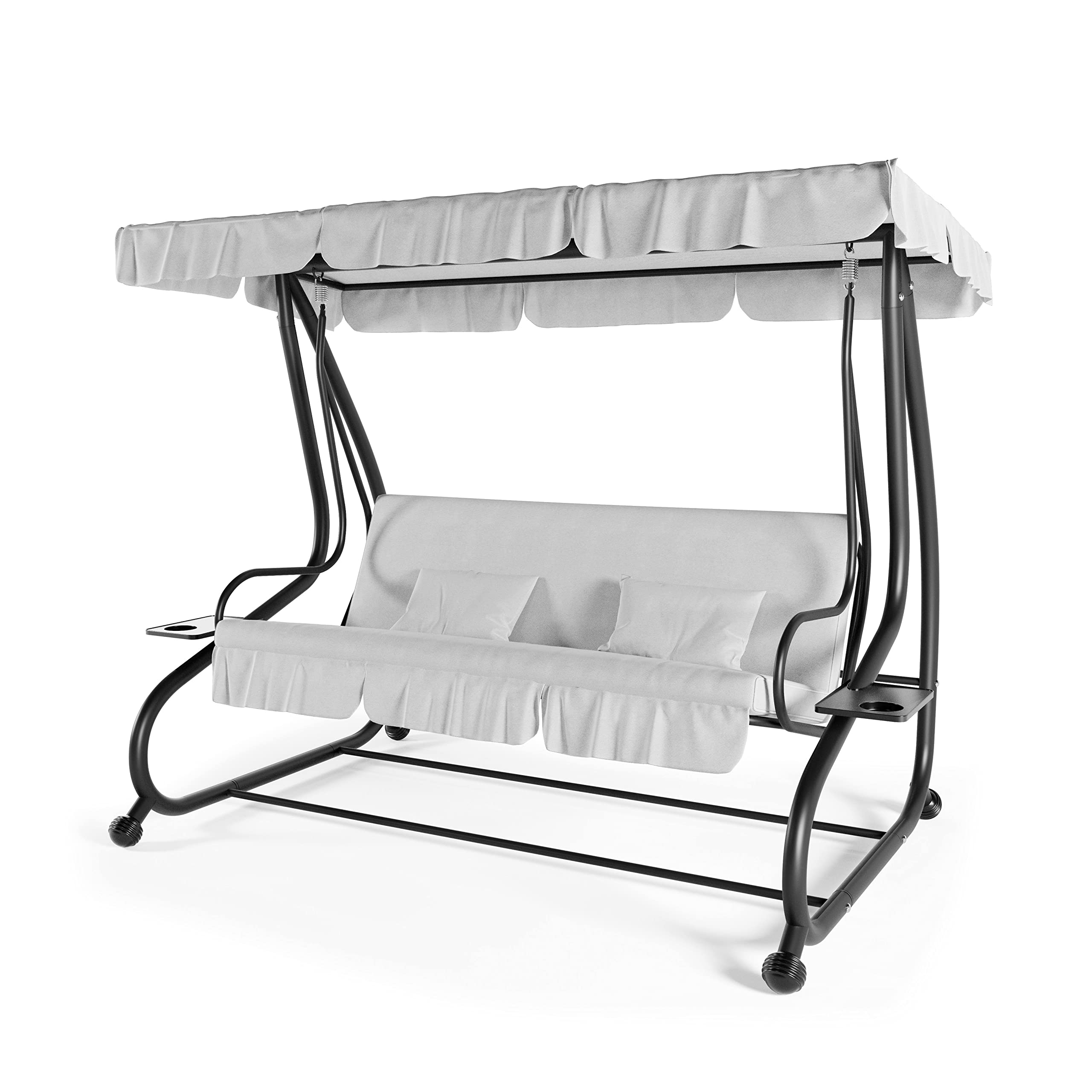 Dondolo Reclinabile 3 Posti Con Cuscini Imbottiti Parasole Tettuccio Regolabile Diventa Letto Struttura Acciaio Robusto Verniciato Giardino Esterno Balcone Terrazzo Piscina 200 x 120 x 160 cm Grigio