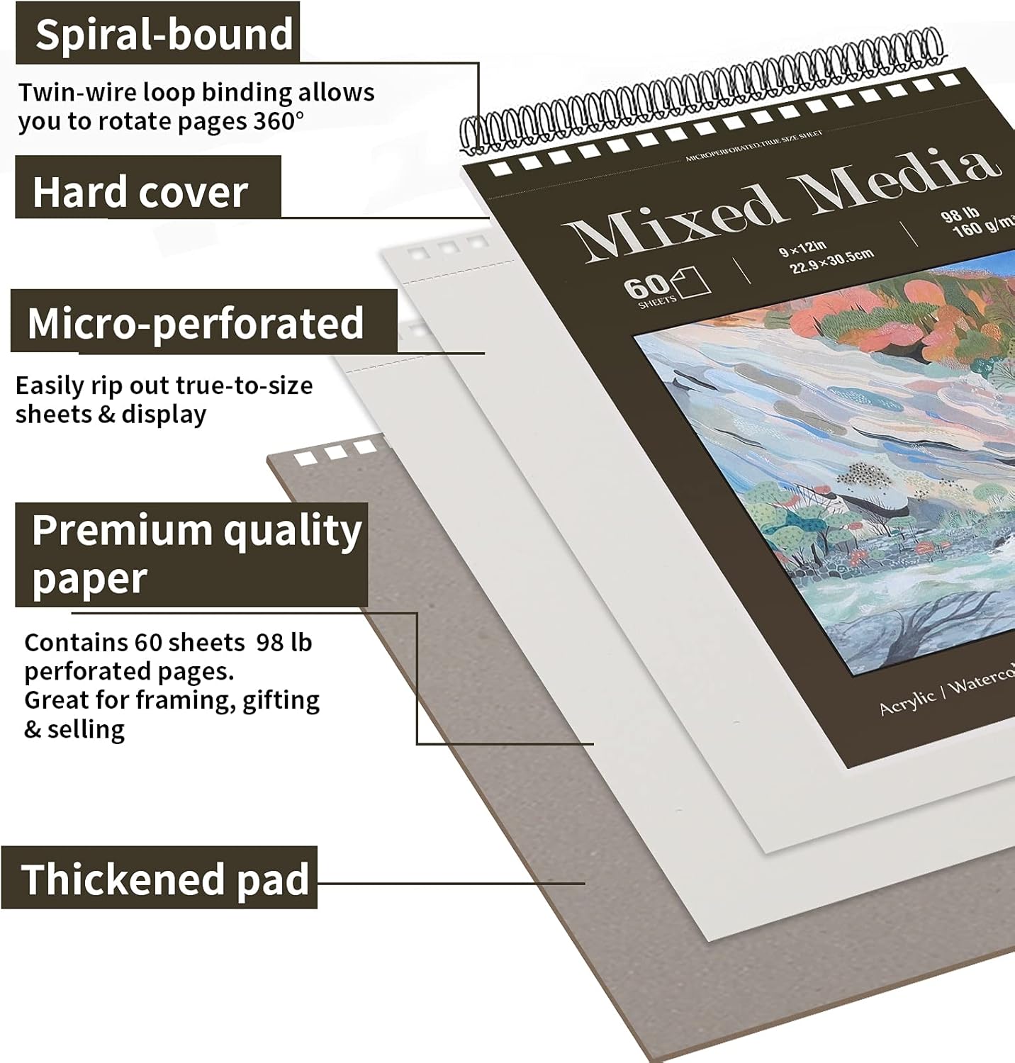Mixed Media Sketch Pad, 9 x 12 inches, 60 Sheets (98lb/160gsm) Heavyweight Drawing Papers, Top Spiral Bound Hardcover Sketchbook, for Wet and Dry Media, Drawing, Painting : Arts, Crafts & Sewing