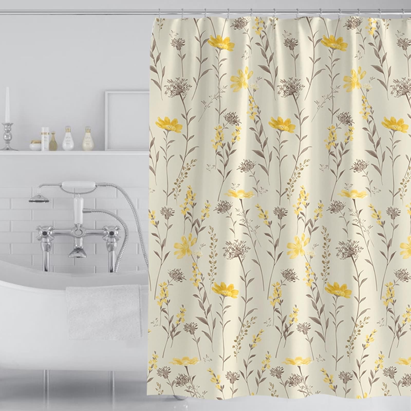 Rideau de salle de bain jaune fleurs contre les éclaboussures