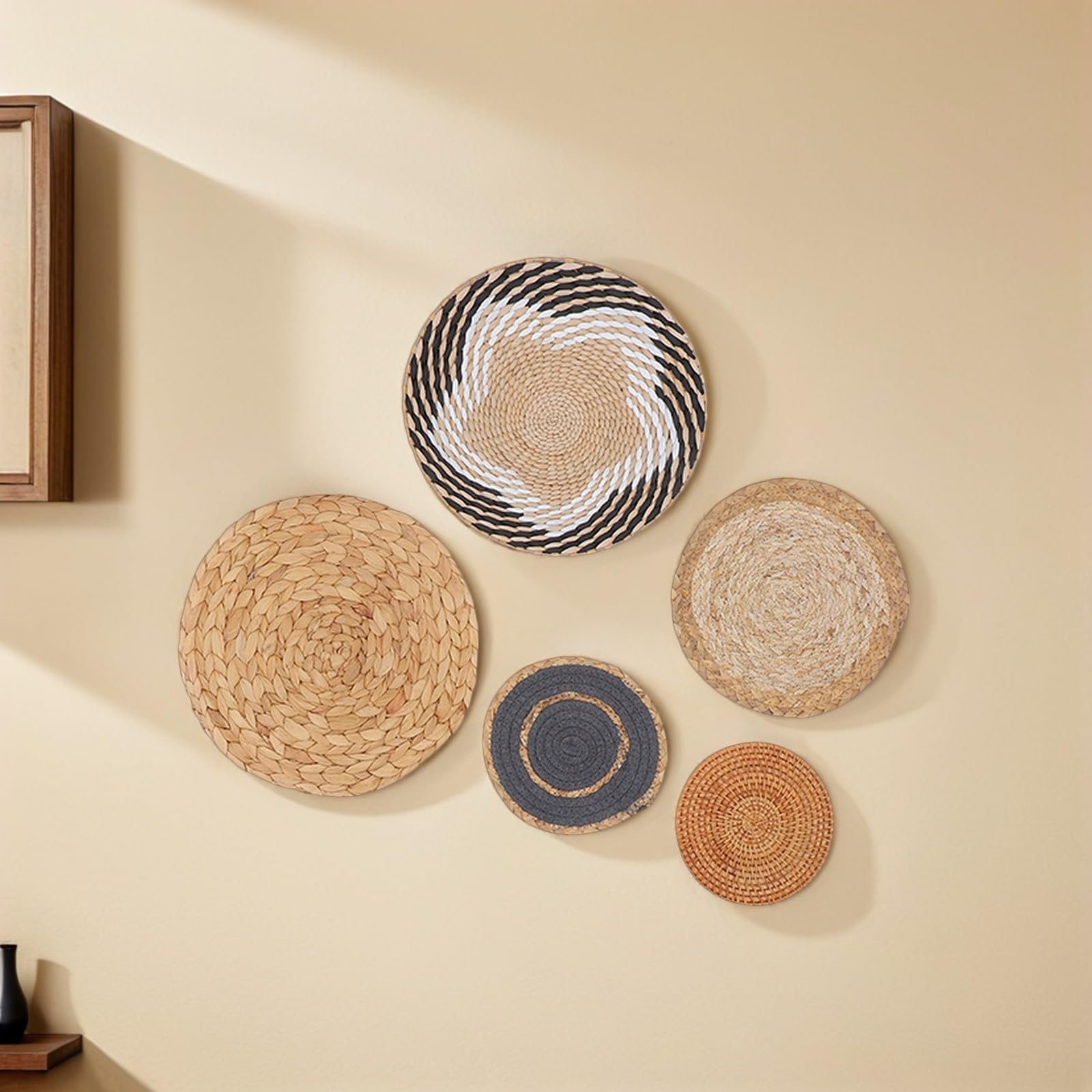 11 Stück Boho Wanddeko aus Stroh, Rund, Handgefertigt, Weiß
