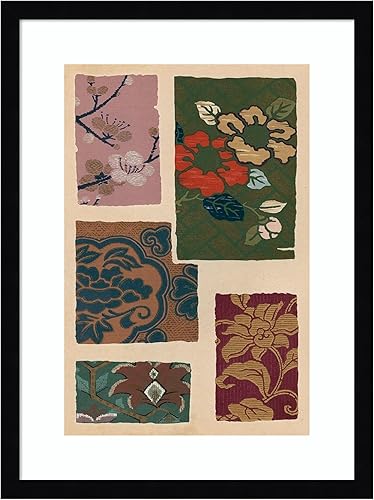 Amanti Art Framed Wall Art Print 21x16 Japanese Textile Design II by Ema Seizan, Flowers Wall Art, Vintage Decor, Small Poster Painting Artwork for