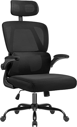 Miniatura 1 de Silla de oficina ergonómica, respaldo alto con asiento de malla transpirable, soporte lumbar ajustable, reposacabezas y brazos abatibles, color negro