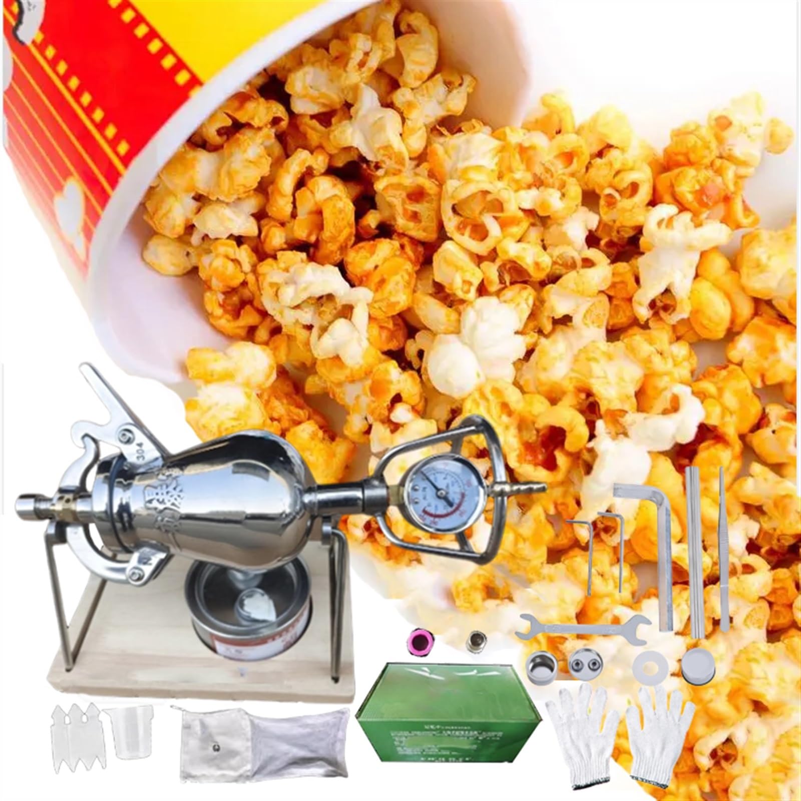 Retro Mini Maszyna Do Popcornu, Podstawa Z Drewnianej Deski Profesjonalna Maszyna Do Pieczenia Popcornu Ze Stali Nierdzewnej 304, Wzmacniacz Ziarna 300ml Z Manometrem