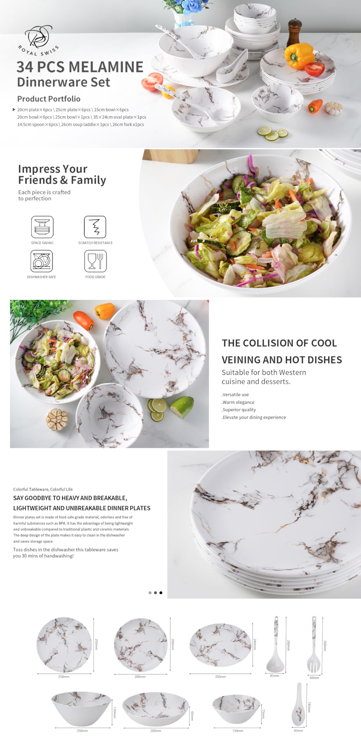 Royal Swiss - Vajilla (melamina, 34 piezas, para 4 personas, irrompible, apto para lavavajillas y ligero, ideal para el hogar, el jardín, el camping y los picnics, diseño blanco