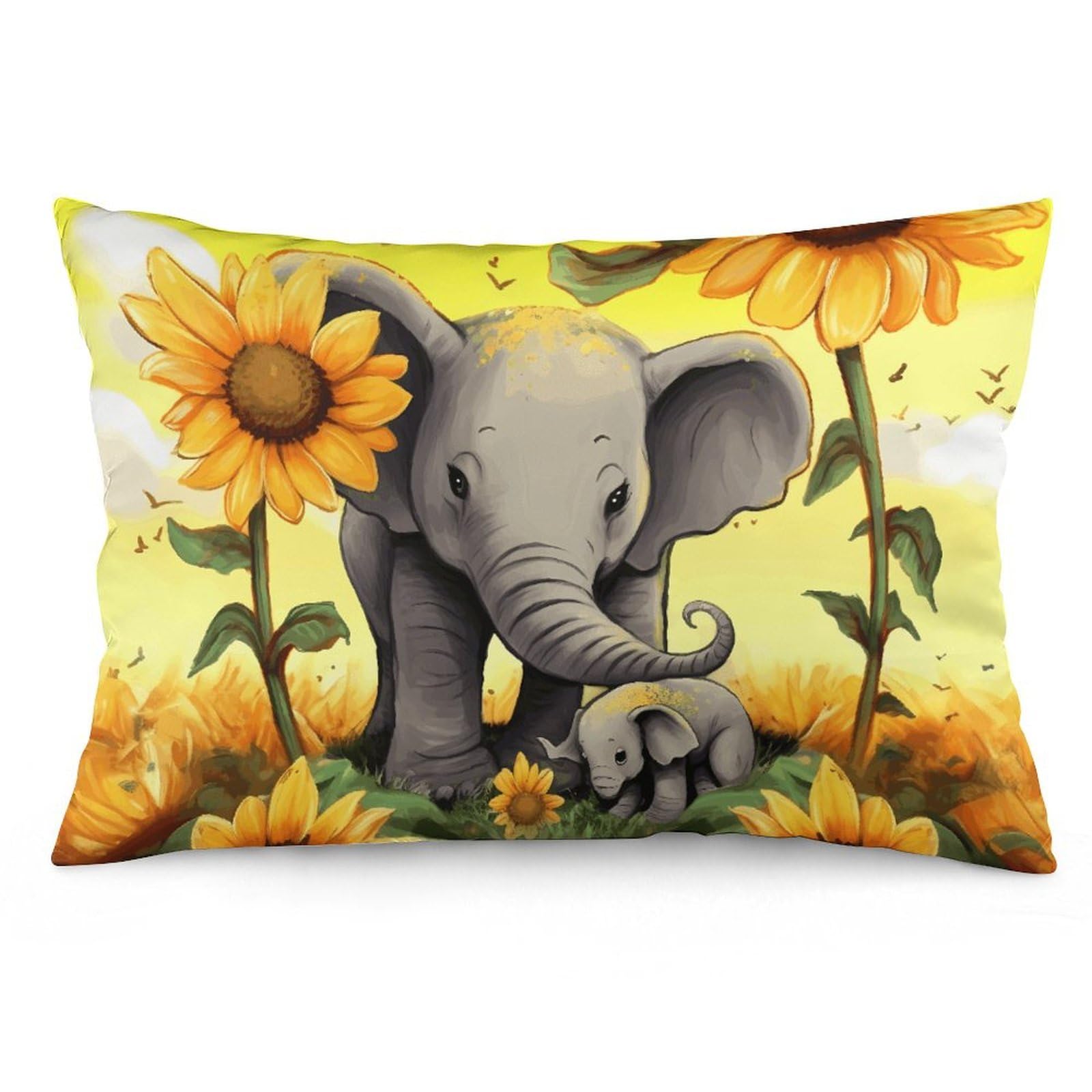 2 Pack Pillow Cases for Hair and Skin, Soft Breathable Pillow Case Covers with Hidden Zipper, Mother and Baby Elephant Sunflowers Pillowcase 20"x30" Pillow Covers for Sleeping Gift