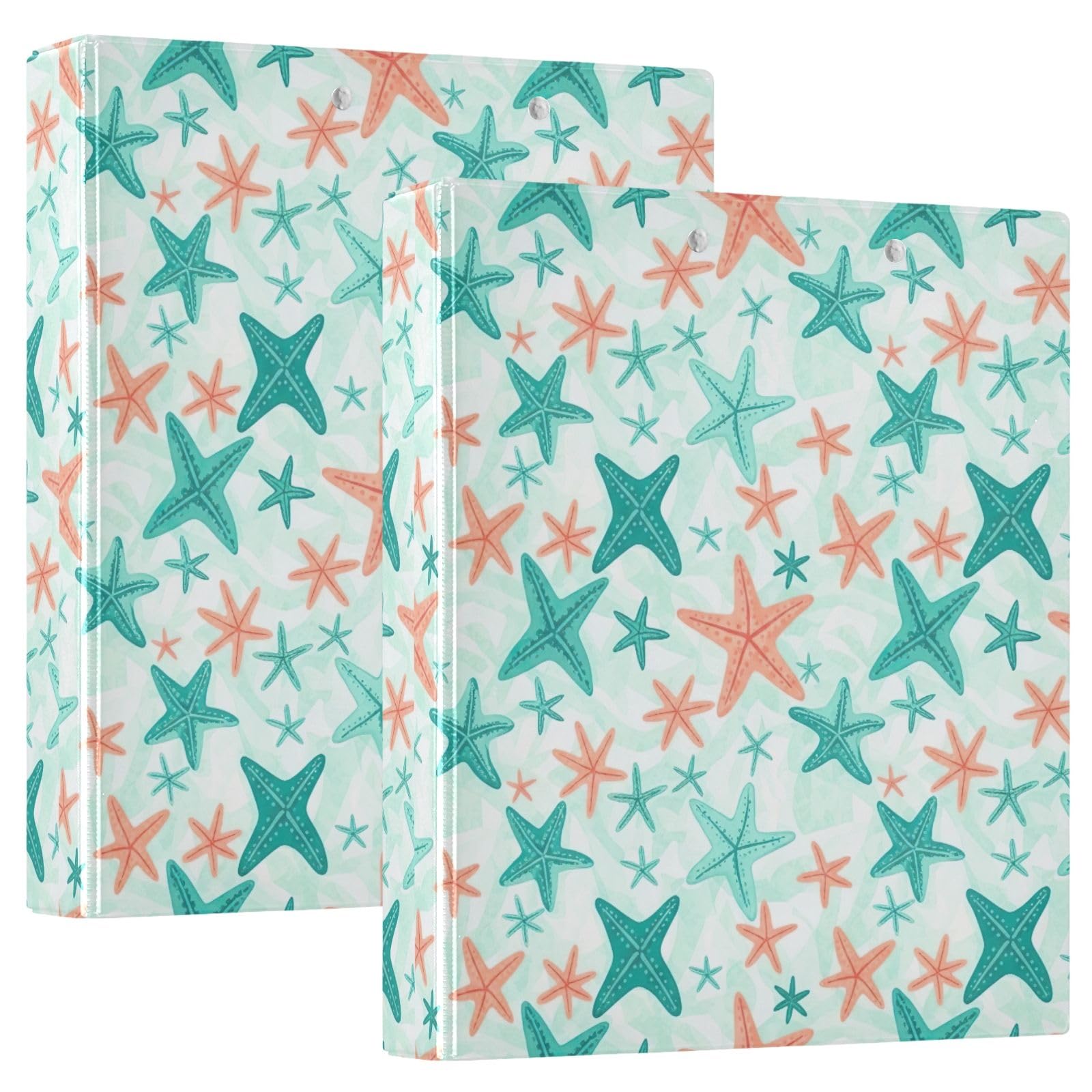 Raccoglitore a tre anelli colorato con stelle marine color foglia di tè, 3,8 cm, raccoglitori flessibili ad anelli con tasche, per scuola, università, ufficio (confezione da 2)