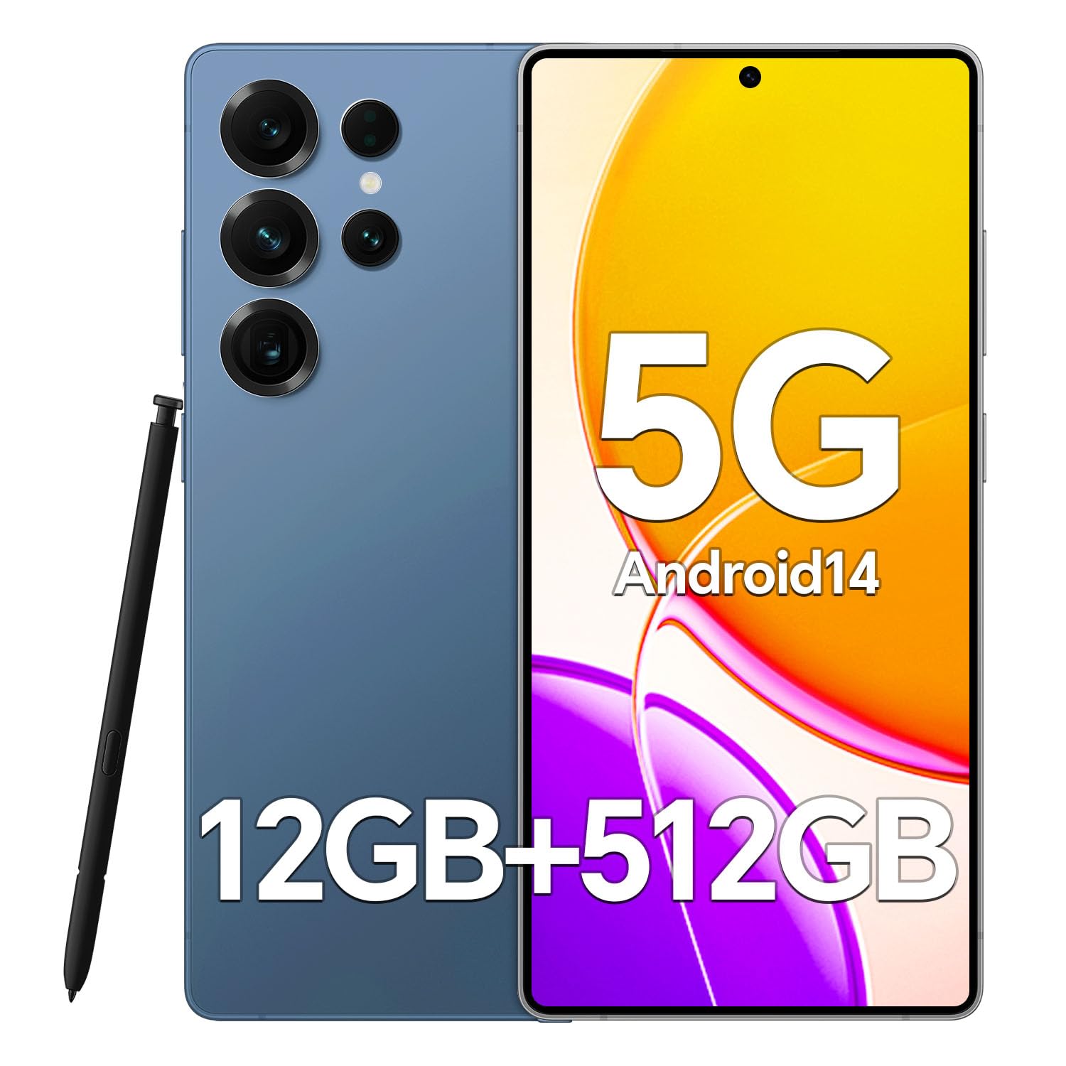 Unlocked Phones F25 Ultra, 12GB + 512GB, 5G Android 14 Phone, 6.9" OLED Display, 108MP+48MP Camera, Large Battery 5000mAh, Built-in Pen, Face ID, GPS, Dual SIM Smartphone (Blue)