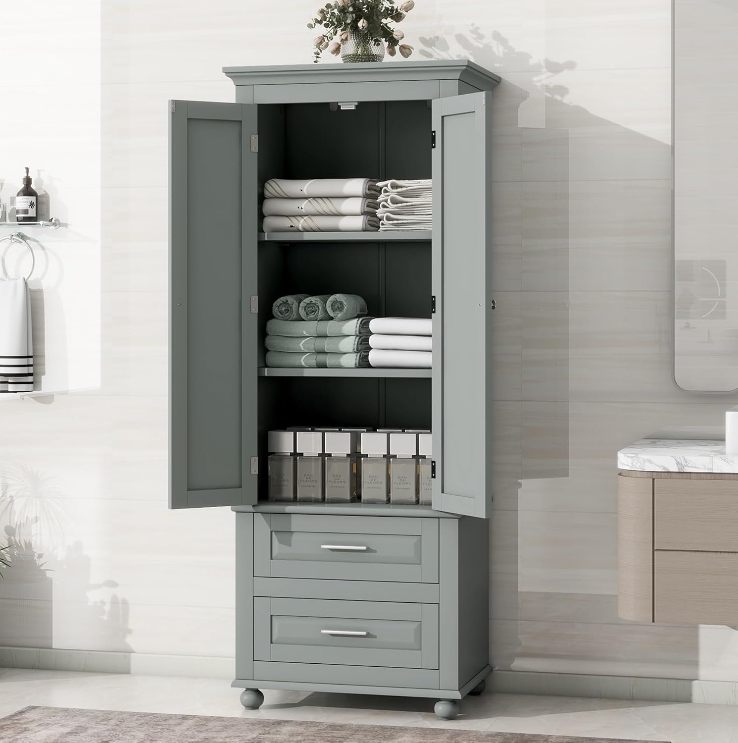 Storage Cabinet with 2 Doors and 2 Drawers for Bathroom/Office,Kitchen,Pantry Cabinet with Adjustable Shelf,Freestanding Floor Storage Cabinet for Living Room (Grey+2Drawers)