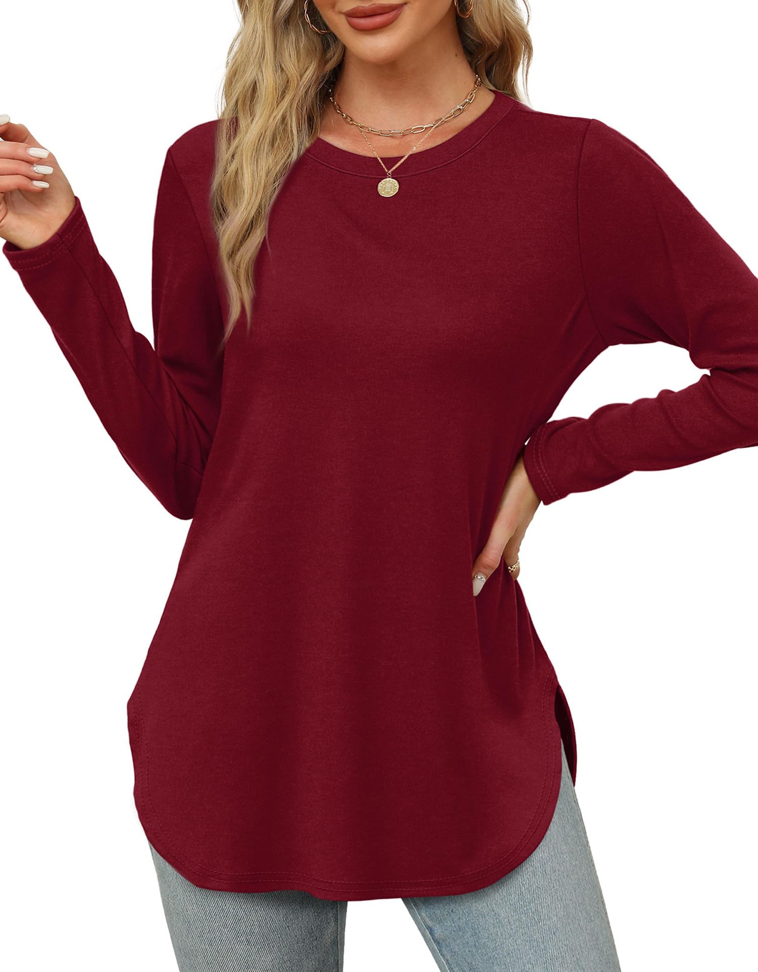 XIEERDUO Womens Long Sleeve Round Neck Shirts Side Split Basic Loose Tunic Tops Casual 2025