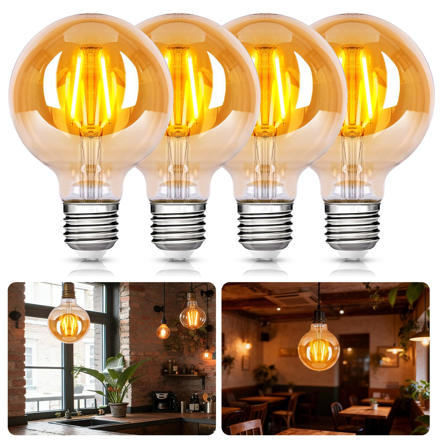 Aigostar LED E27 Vintage Glühbirne 8W (Ersetzt 55W), 720 Lumen, Warmweiss 2200K, Abstrahlwinkel 300°, G80 Edison Lampe Filament Retro Bernstein Flimmerfrei, CRI＞80, 4 Stück