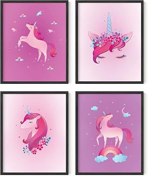 RipGrip Unicorn Posters Set of 4 By The Carefree Bee | Bedroom Decor Room Decorations for Girls/Kids Nursery Decor Girls Unframed, 8x10