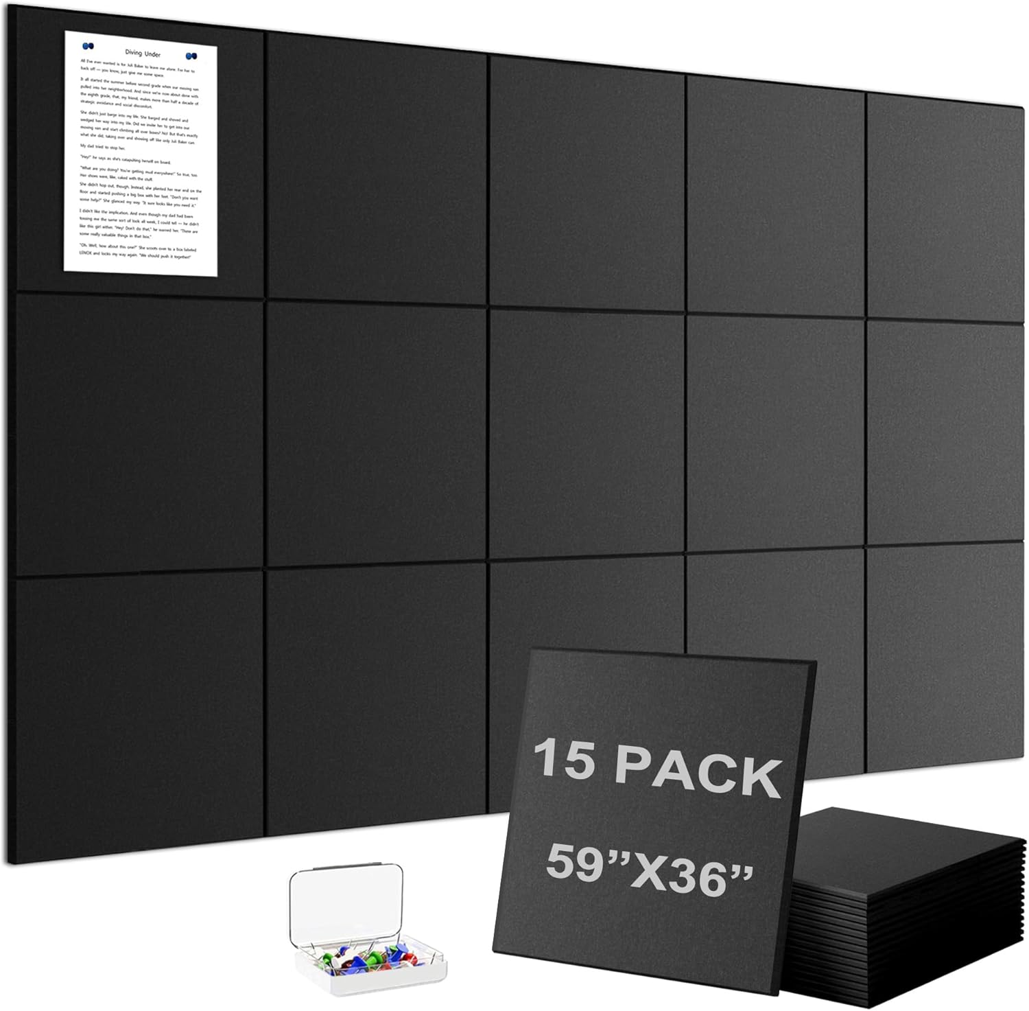 Large Felt Wall Tiles Bulletin Board 59”x36”,Large Cork Board Alternative with 60 Pushpins,15 Pack Felt Pin Board with 112 Safe Removable Adhesive Tabs for Home Office School (Black)