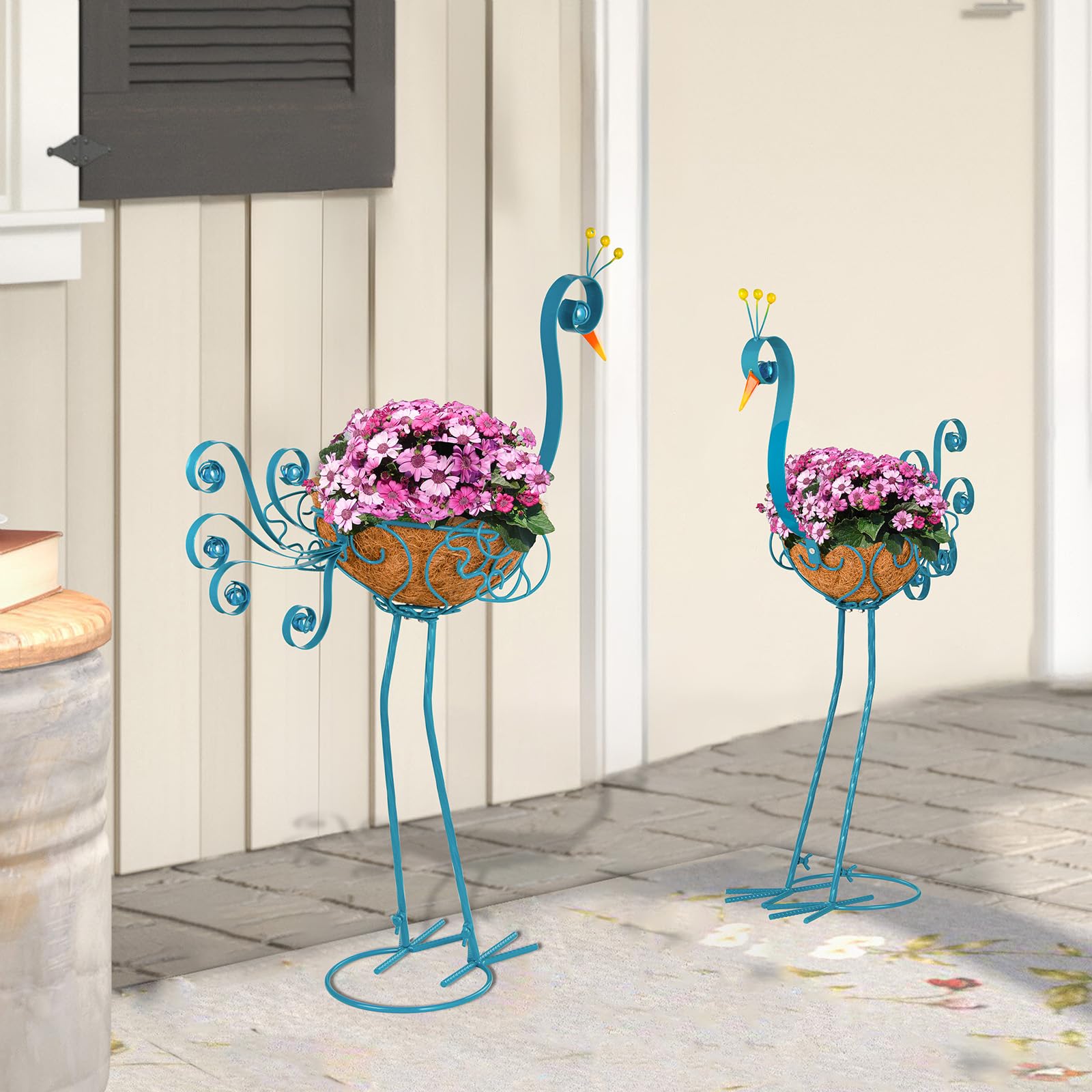 2 macetas de pavo real azul con cesta, jardineras de metal para interior y exterior, decoración de patio