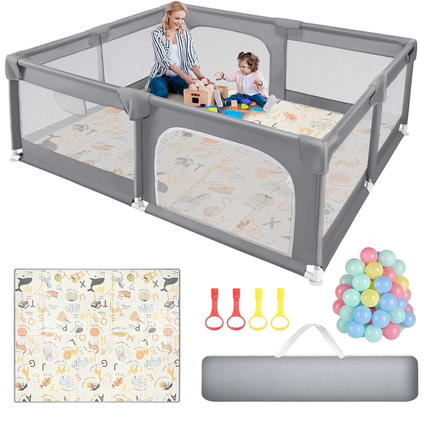 sour lemon baby playpen with play mat, 79x71 inch extra large playpen for babies and toddlers, baby fence play pen yard with safety gate fence with 50 ocean balls 4 pull rings for kids indoor outdoor grey playpen with mat 79x71 inch