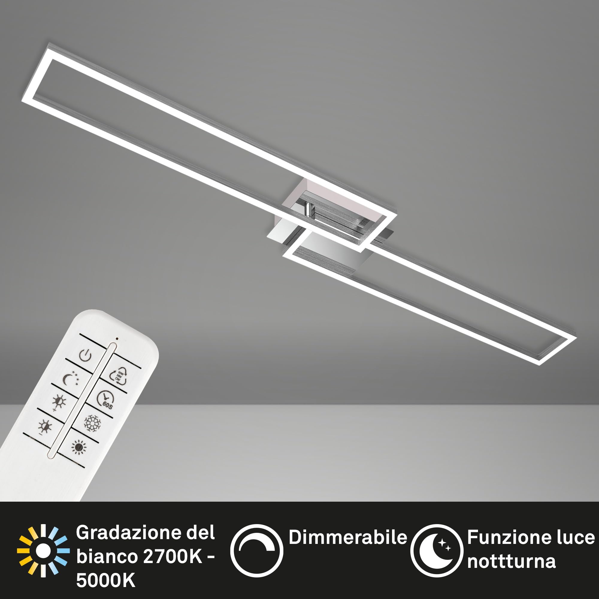 BRILONER - Plafoniera a LED, Lampada da soffitto dimmerabile con Telecomando, Luce calda, neutra, fredda, 1100x248x78mm, LED integrati 40W, 4400Lm, ruotabile, Cromato/satinato