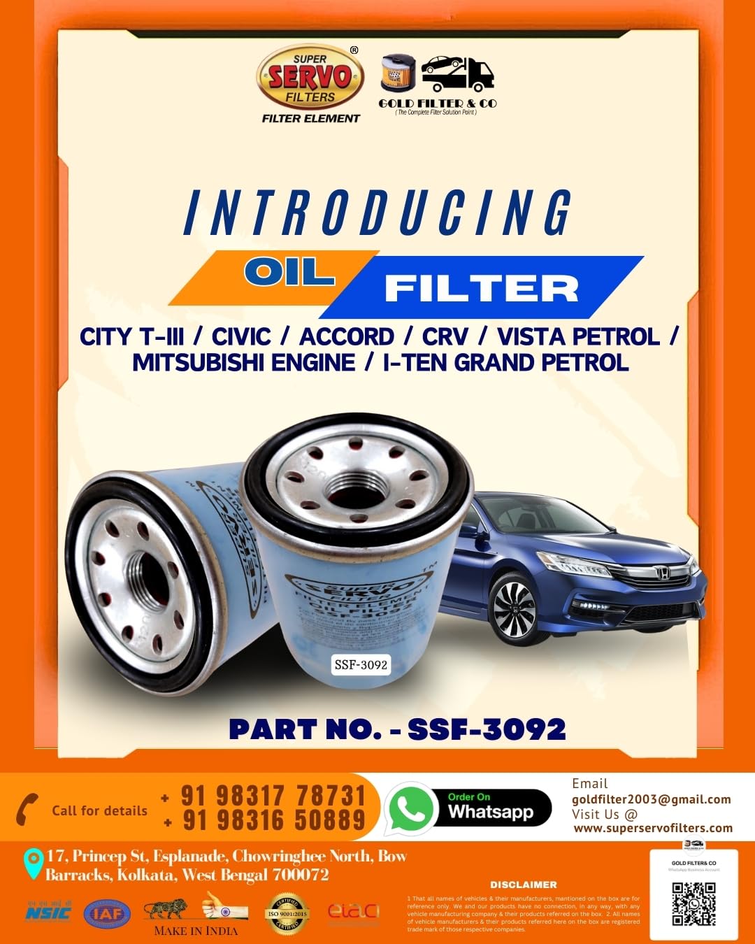 SUPER SERVO FILTERS SSF-3092 OIL FILTER CITY T-III/CIVIC/ACCORD/CRV/VISTA PETROL/MITSUBISHI ENGINE/I-TEN GRAND PETROL-image-40