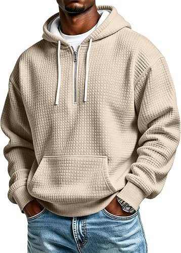Mens Waffle Knit Long Sleeve Hoodie Quarter Zip Pullover Sweatshirt