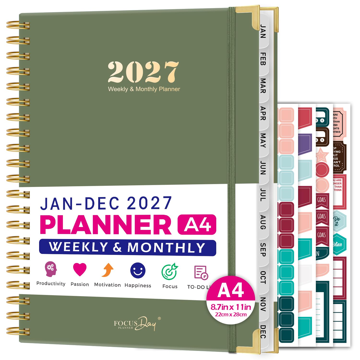 Diary 2027, Week to View, A4 (22 X 28 cm), Jan 2027 - Dec 2027, Weekly & Monthly Calendar Planner with 4 Planning Stickers, Monthly Tabs, Daily Planner Notebook for Teachers Students, Green