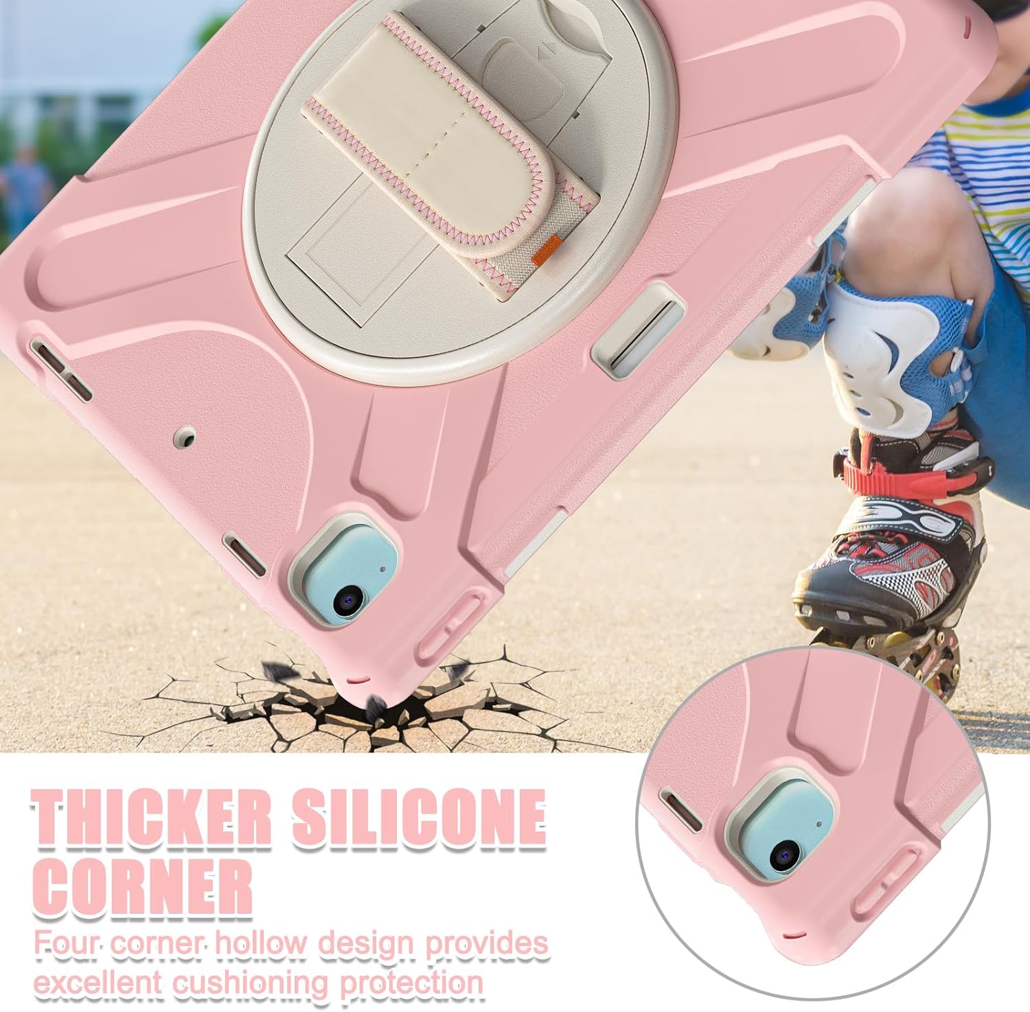 Batianda Case for iPad Air 13 inch 2025 2024 M3/M2 Chip Heavy Duty Rugged Durability Silicone Tablet Cover with 360° Rotating Hand Strap Foldable Hidden Stand & Shoulder Strap, Pink - Image 4