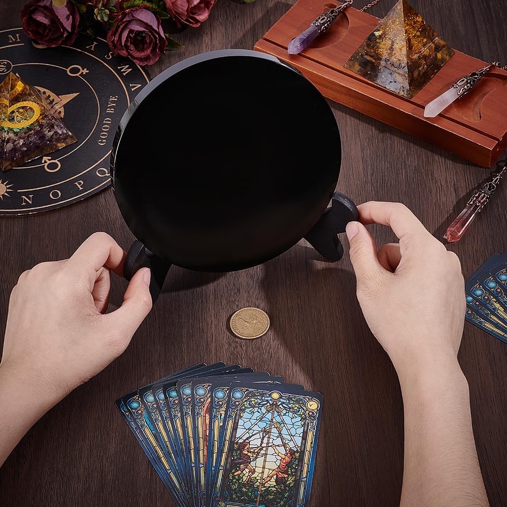 NBEADS 1 Set Round Natural Black Obsidian Scrying Mirror with Display Stand, 2.76x5.71x6.22 inch Polished Obsidian Crystal Disc for Meditation Witchcraft Gothic Desk Home Decor Crafts