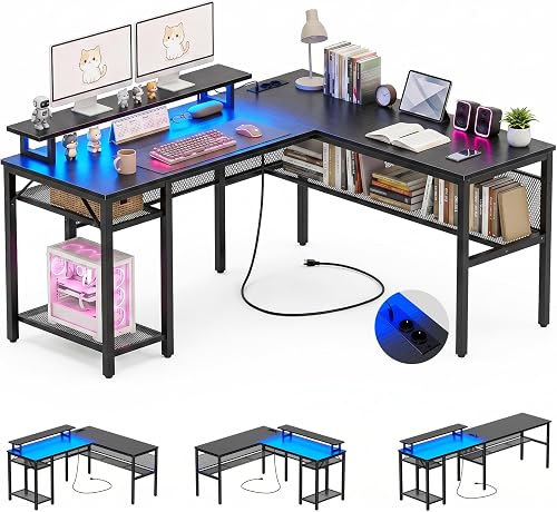 Bureau Gaming d’Angle 141x117cm Réversible LED et Prise Homieasy