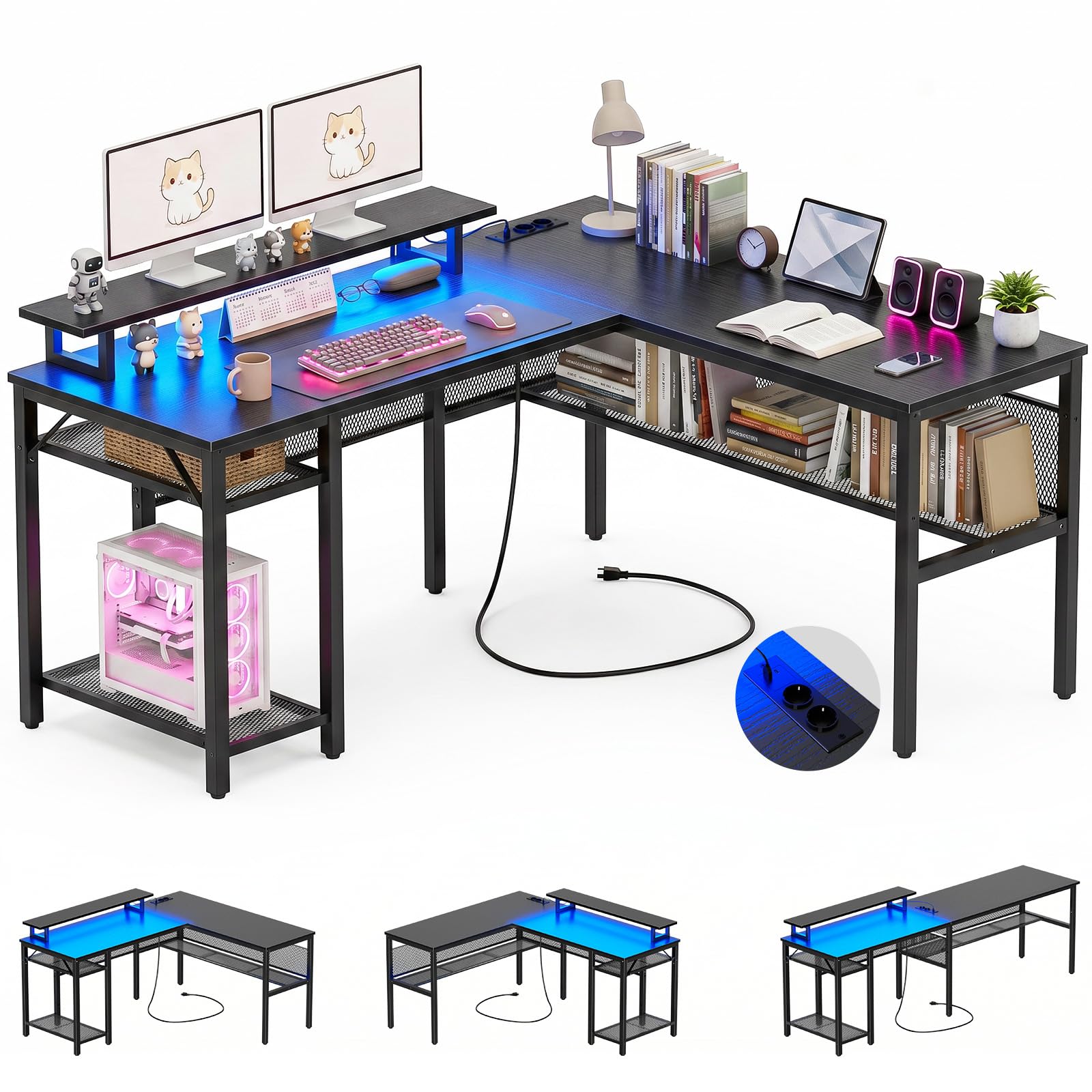 Homieasy Scrivania Angolare Gaming 141x118cm Reversibile LED e Prese | Supporto per Monitor, Ripiani a Griglia in Metallo, Trasformabile in 210 cm