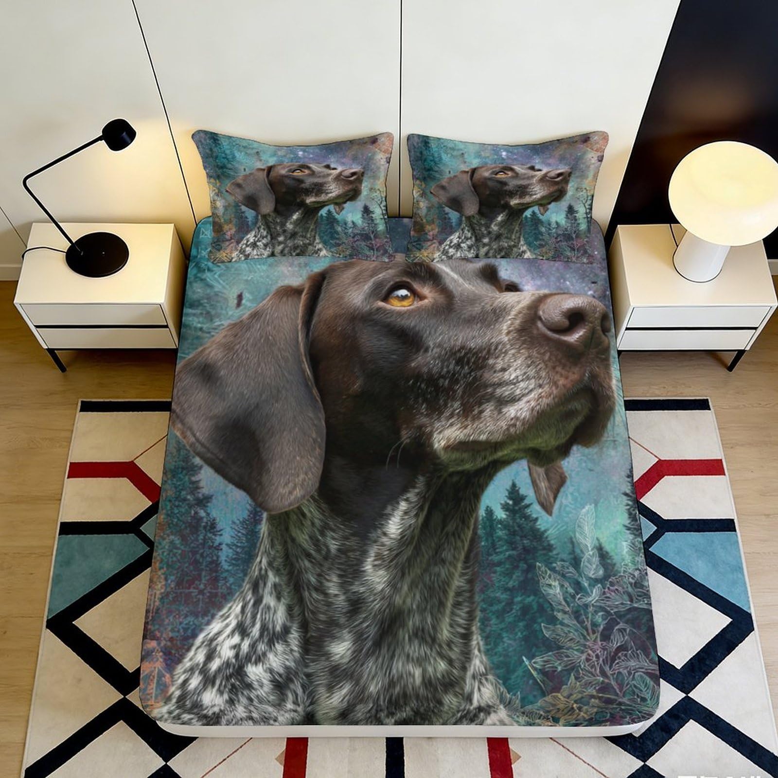 3D Printed Dog Fitted Sheet, Microfiber Soft Touch, Bed Cover for Bedroom, Guest Room Bedding, Easy Care, Anti-Slip, Stylish Decor, Wrinkle Resistant, Durable, Forest Theme, 115 Characters 90x200x25cm