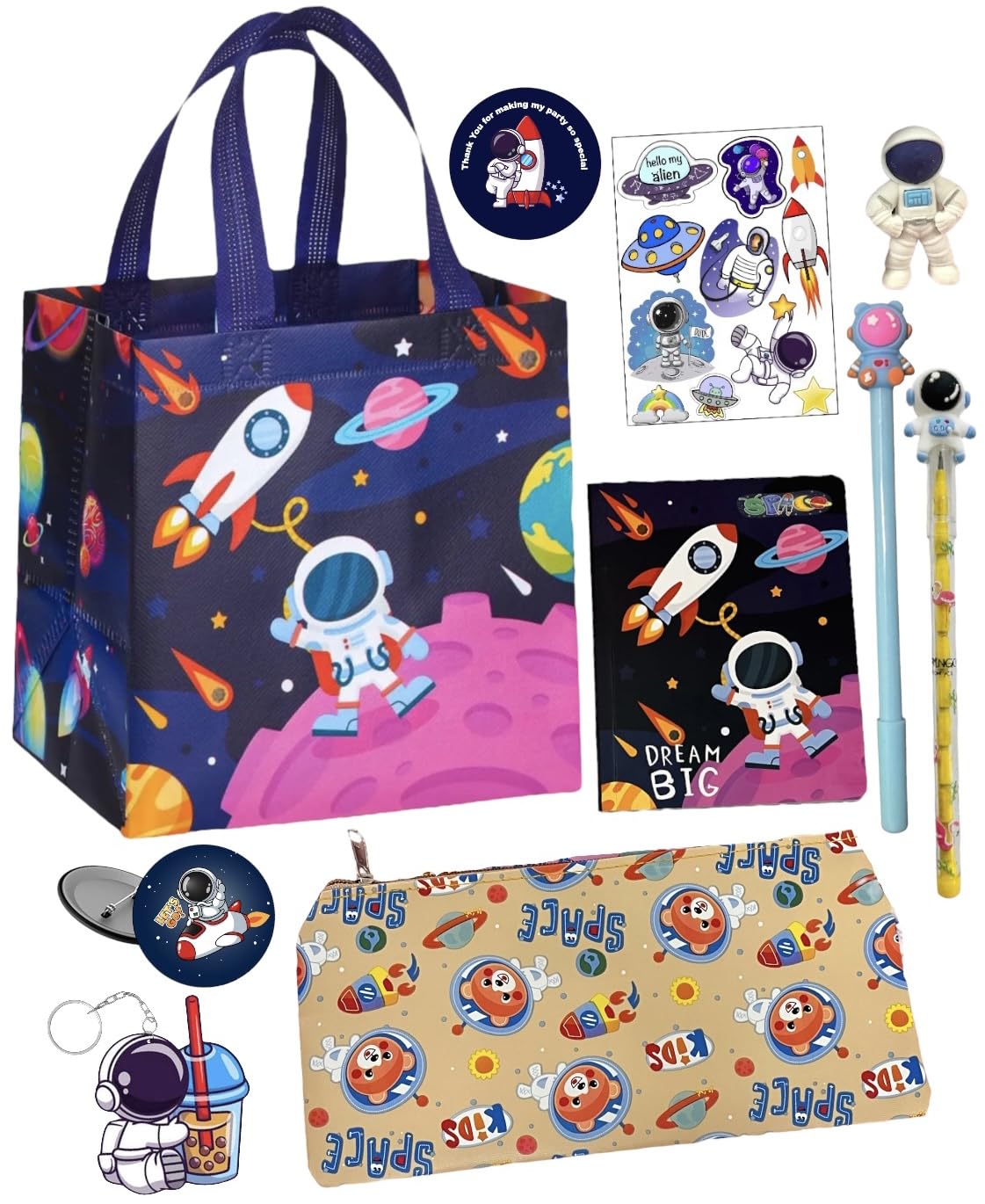Le Delite Space theme return gifts for kids I gift goody bag I 10 items gift set - bag with thank you tag,pouch diary,pen,pencil,stickers,eraser,keychain & badge (carry bag combo) (gift bag combo)