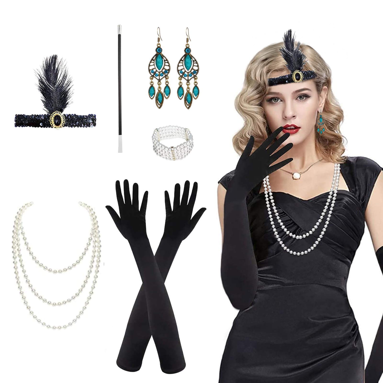 Roontin 1920s Vintage Accessories Set,Gatsby Accessories, with Peacock Feather Headband Pearl Necklace Vintage Cigarette Holder Peacock Vintage Earrings Long-Gloves Bracelet-Kit Accessories for Women โ image 1