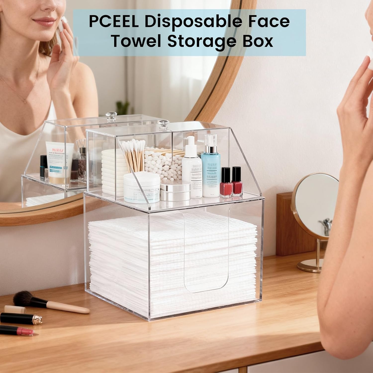 Disposable Face Towel Storage Box Compatible with Clean Skin Club XL, 3-in-1 Detachable 2-Layer for Cleaning Accessories, Face Towel Holder for Bathroom, Vanity Makeup, Holds 50, Clear Acrylic - Image 2