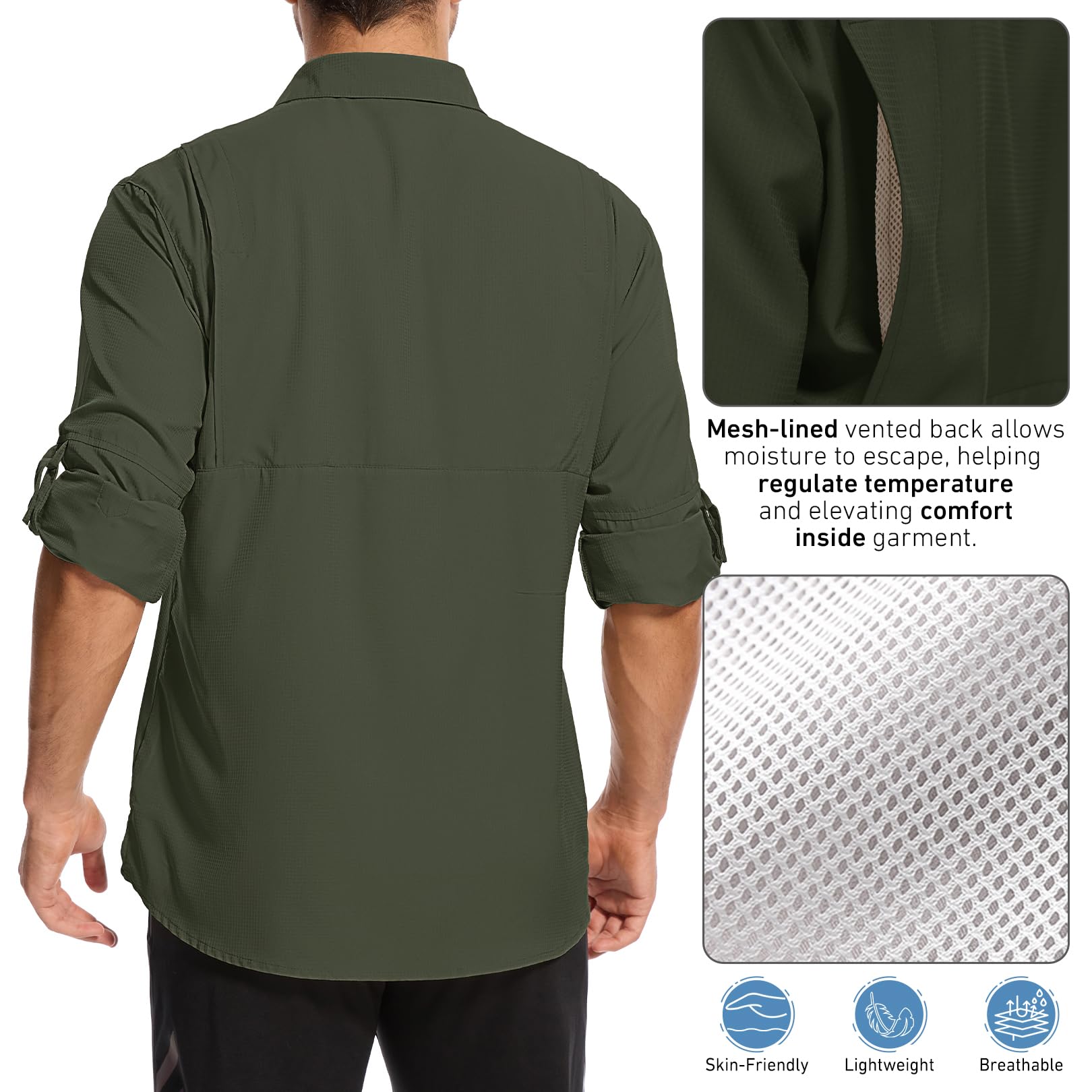 Camisa de safari para hombre, manga larga, protección solar UPF 50+, camisas de pesca, puños convertibles, camisas de senderismo para hombre