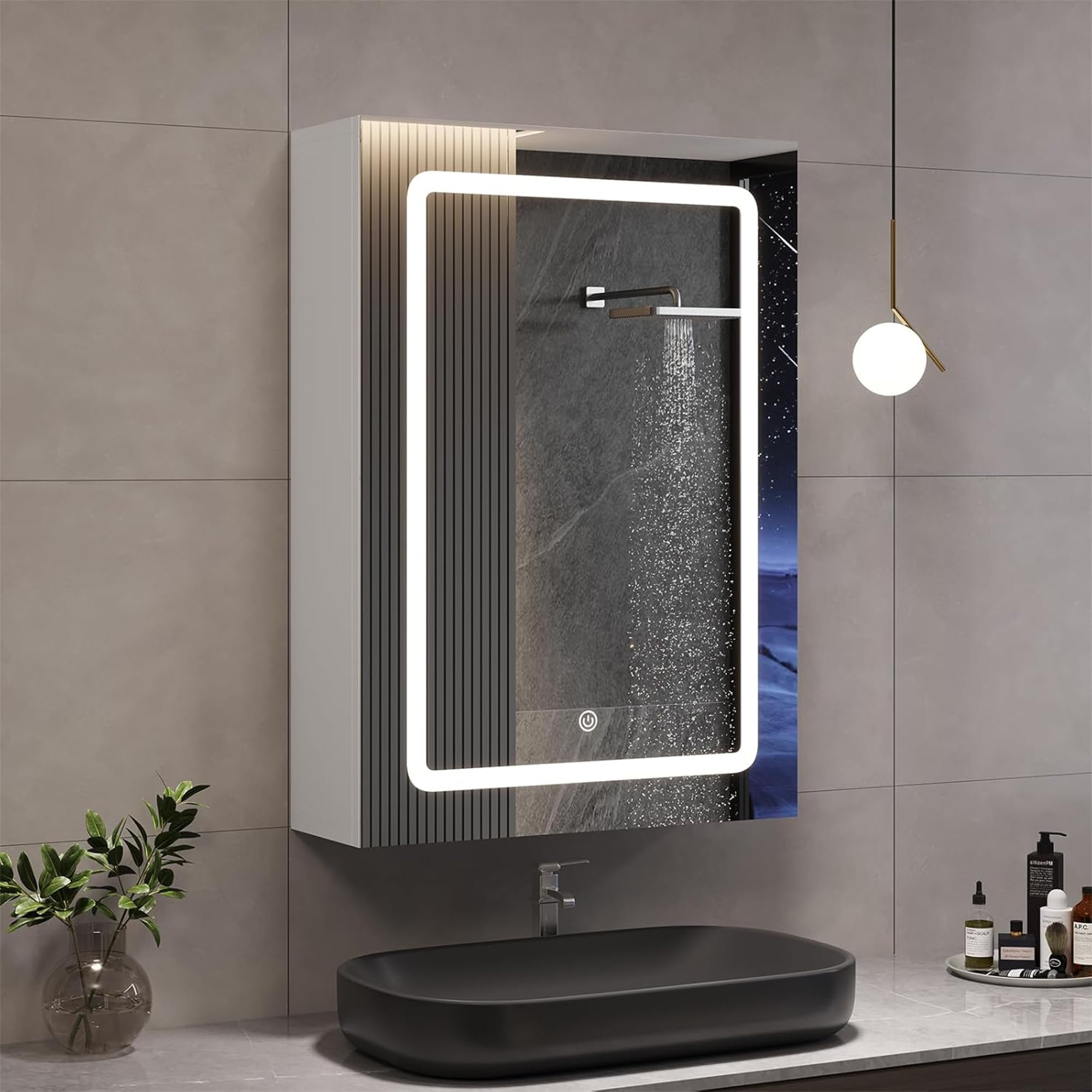 BFYDOAA - Espejo de pared con iluminación y almacenamiento, 50 x 70 cm - Armario con espejo de baño, espejo LED con 2 estantes - 3 colores LED, interruptor táctil