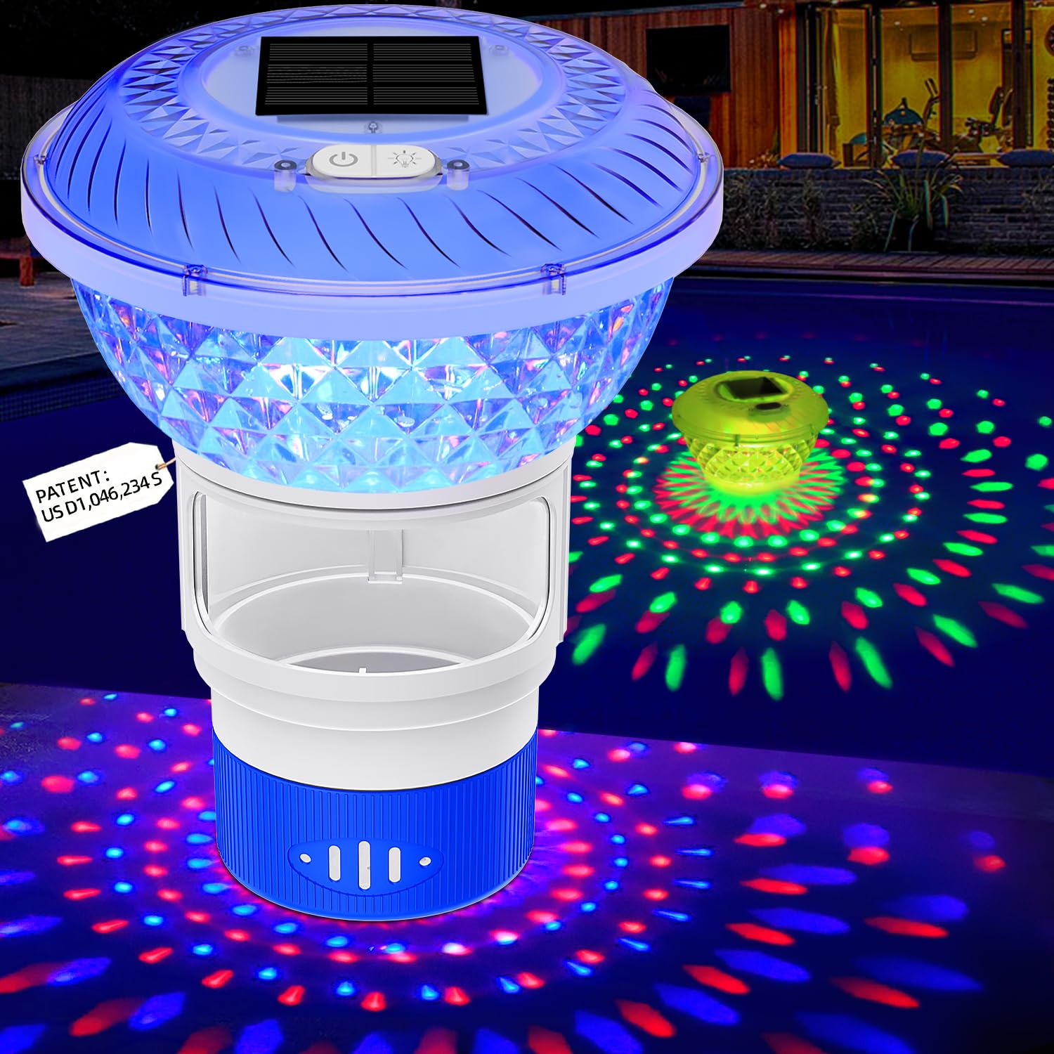 Solar Pool Chlorine Floater,Chlorine Floater with Colorful Lights,Button Control Floating Pool Chlorines Dispenser,Adjustable Release &amp; Easy Opening,Solar chlorines floaters for Hot Tub,Blue