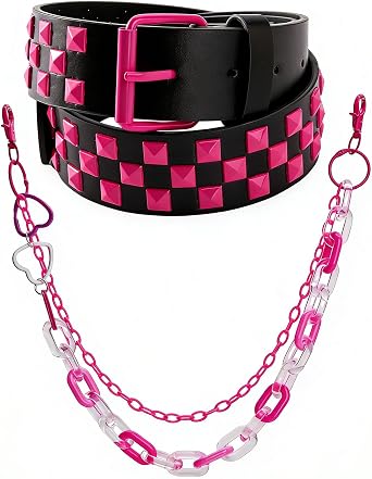 INSYOHO Pink Studded Belt Y2K - Pyramid Stud Belt With Detachable Chain Scene Punk Goth Aesthetic Emo Grunge Rock Leather Checkered Alt Belts for Women Men