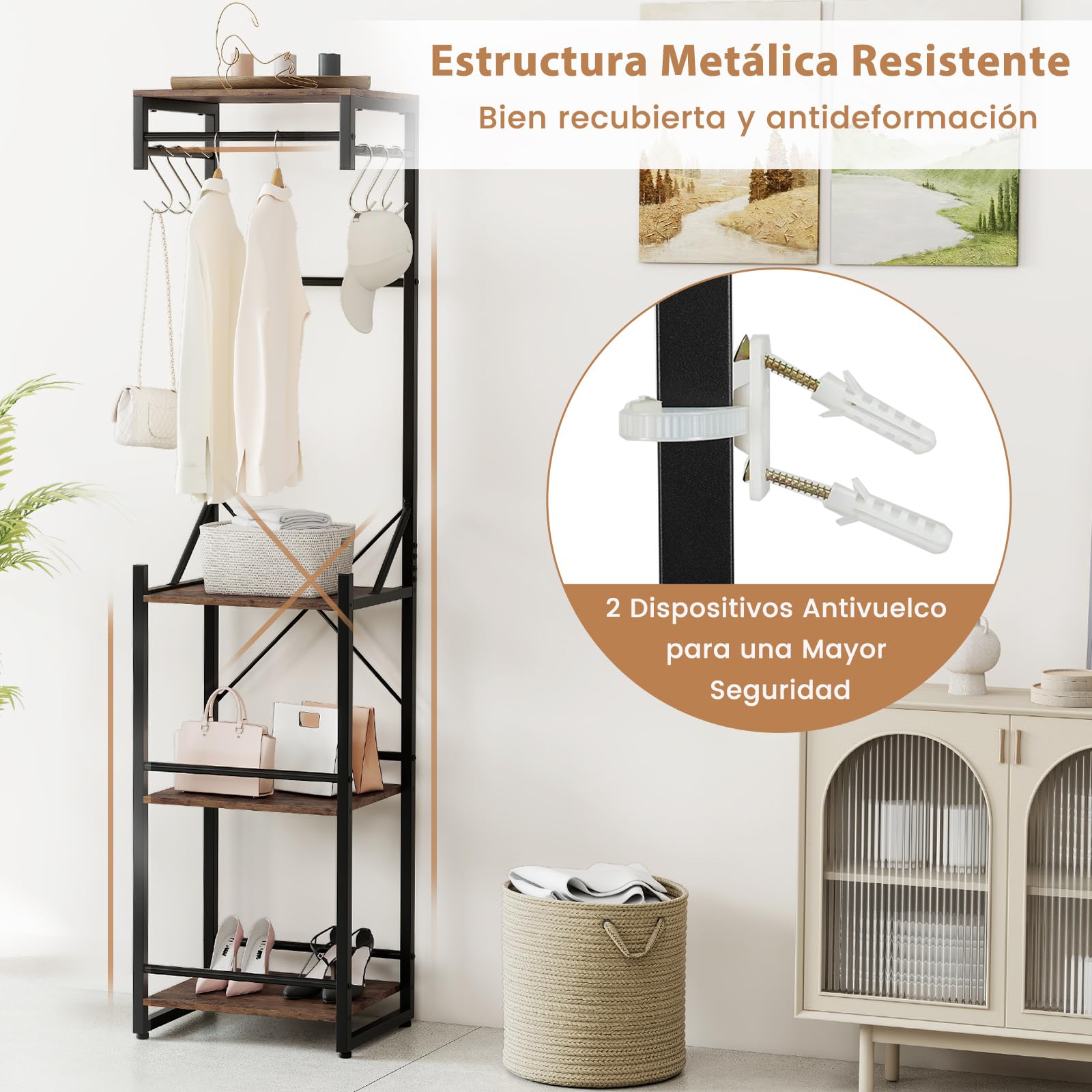COSTWAY Perchero Burro Ropa, Perchero de Pie, 4 Estantes de Almacenamiento, 6 Ganchos y 3 Barras para Colgar, Colgador Ropa Entrada Pasillo Dormitorio, 40 x 30 x 162 cm, Industrial