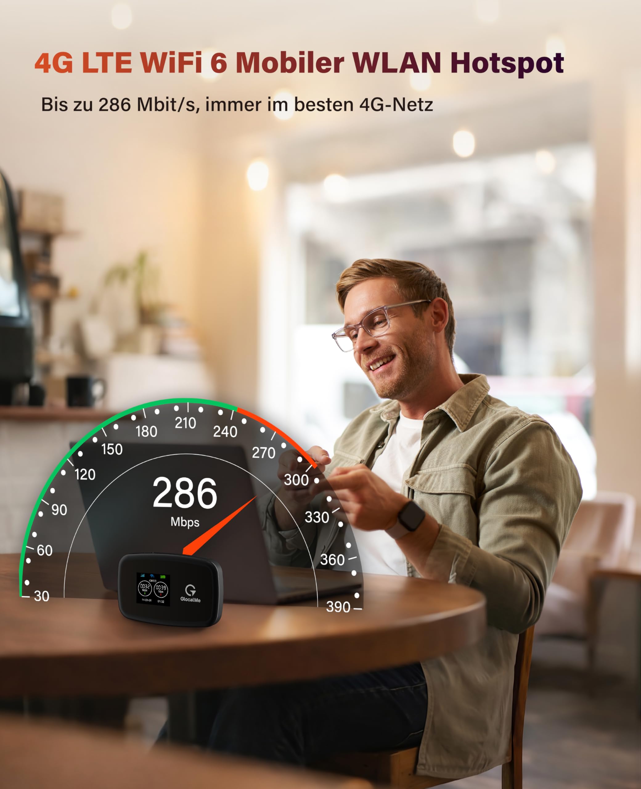 GlocalMe C4 Mobiler WLAN Router,15GB EU-Daten SIM Karte inklusive, Plug & Play, WiFi 6 Mobiler Router, 3700mAh Akku mit 14 Std. Laufzeit, bis zu 8 Geräte, Tragbares WLAN für Unterwegs ohne Vertrag