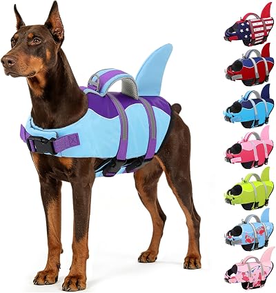 AOFITEE Dog Life Jacket, Dog Life Vest for Swimming, Shark Dogs Swimming Vest with Rescue Handle and Reflective Stripe, Ripstop Pet Float Coat Swimsuit Lifesaver Small Medium Large Dogs Purple XS