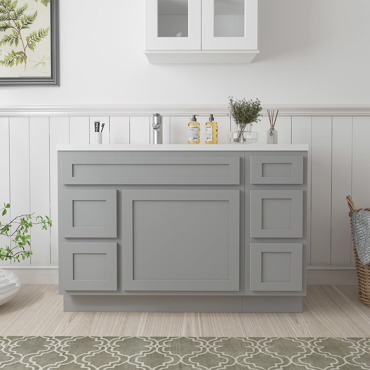 Vanity Art 48" Unassembled Bathroom Vanity with 1-Door 5-Drawer, Wood Bathroom Vanity Cabinet with Soft Closing Shaker Drawer, Sturdy Floor Mounted Cabinet Without Top VA4048-5-2L-G